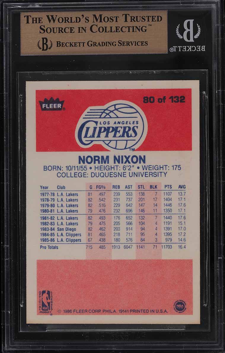 1986 Fleer Basketball Norm Nixon #80 BGS 9.5 GEM MINT