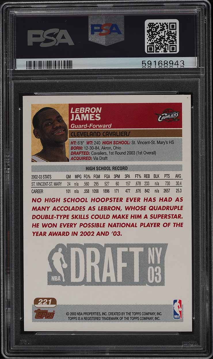 2003 Topps Basketball LeBron James ROOKIE RC #221 PSA 6 EXMT