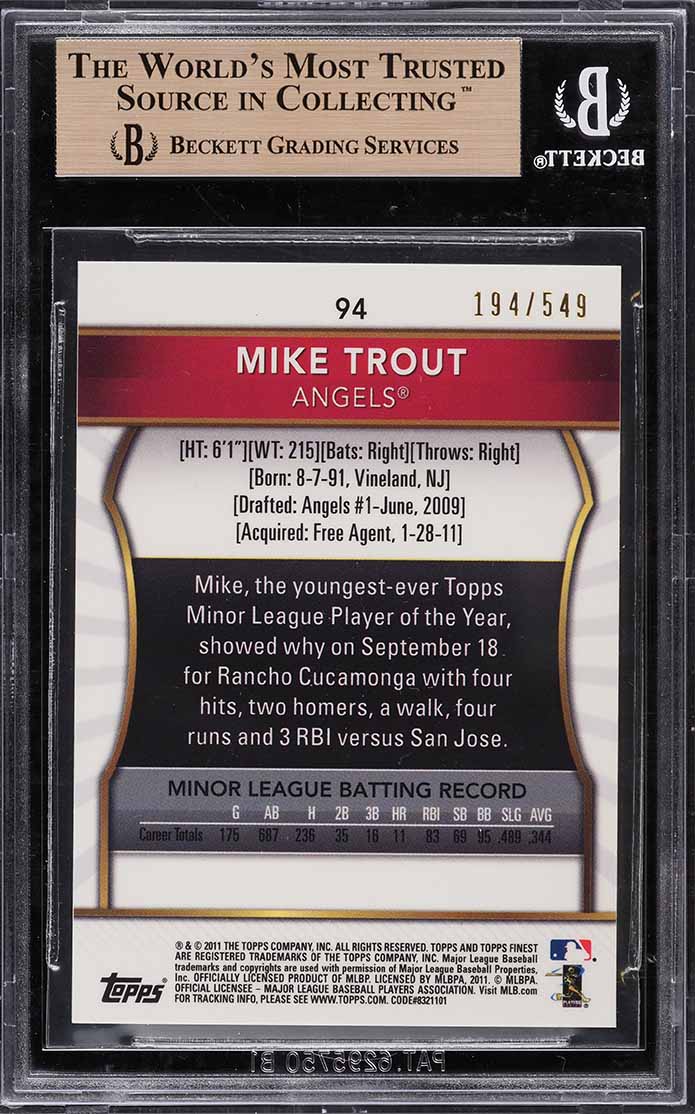 2011 Finest Refractor Mike Trout ROOKIE RC /549 #94 BGS 9.5 GEM MINT