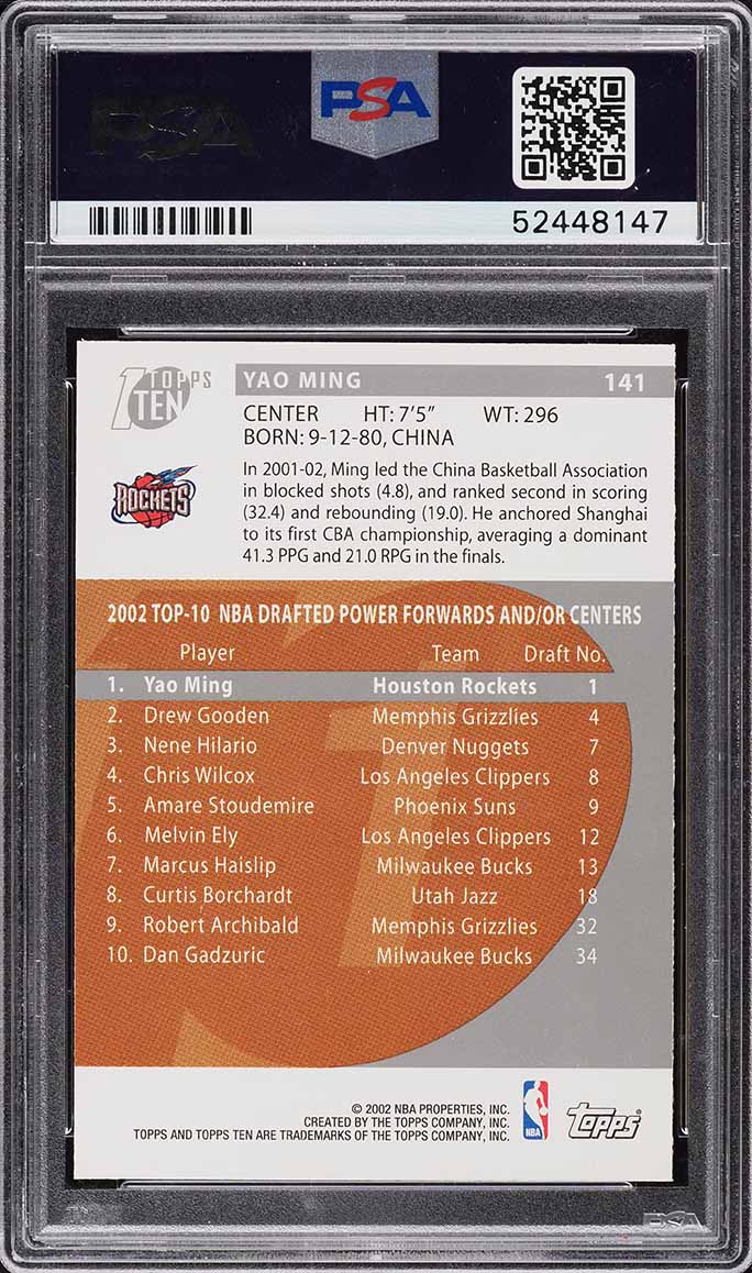 2002 Topps Ten Yao Ming ROOKIE #141 PSA 10 GEM MINT