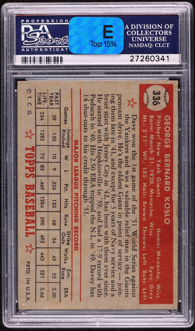 1952 Topps Dave Koslo #336 PSA 7 NRMT