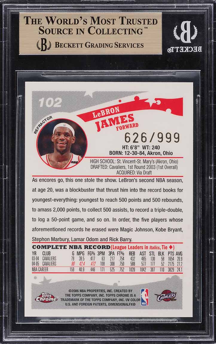 2005 Topps Chrome Refractor LeBron James /999 #102 BGS 9.5 GEM MINT