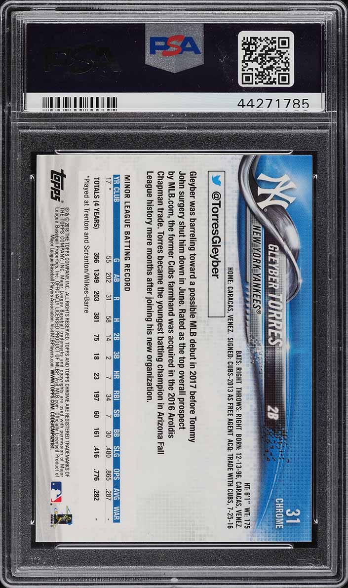 2018 Topps Chrome Gleyber Torres ROOKIE RC #31 PSA 10 GEM MINT on