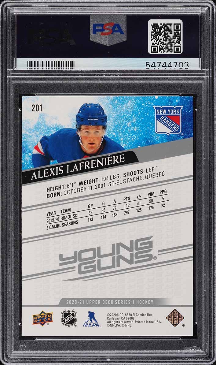 2020 Upper Deck Young Guns Alexis Lafreniere ROOKIE #201 PSA 10 GEM MINT