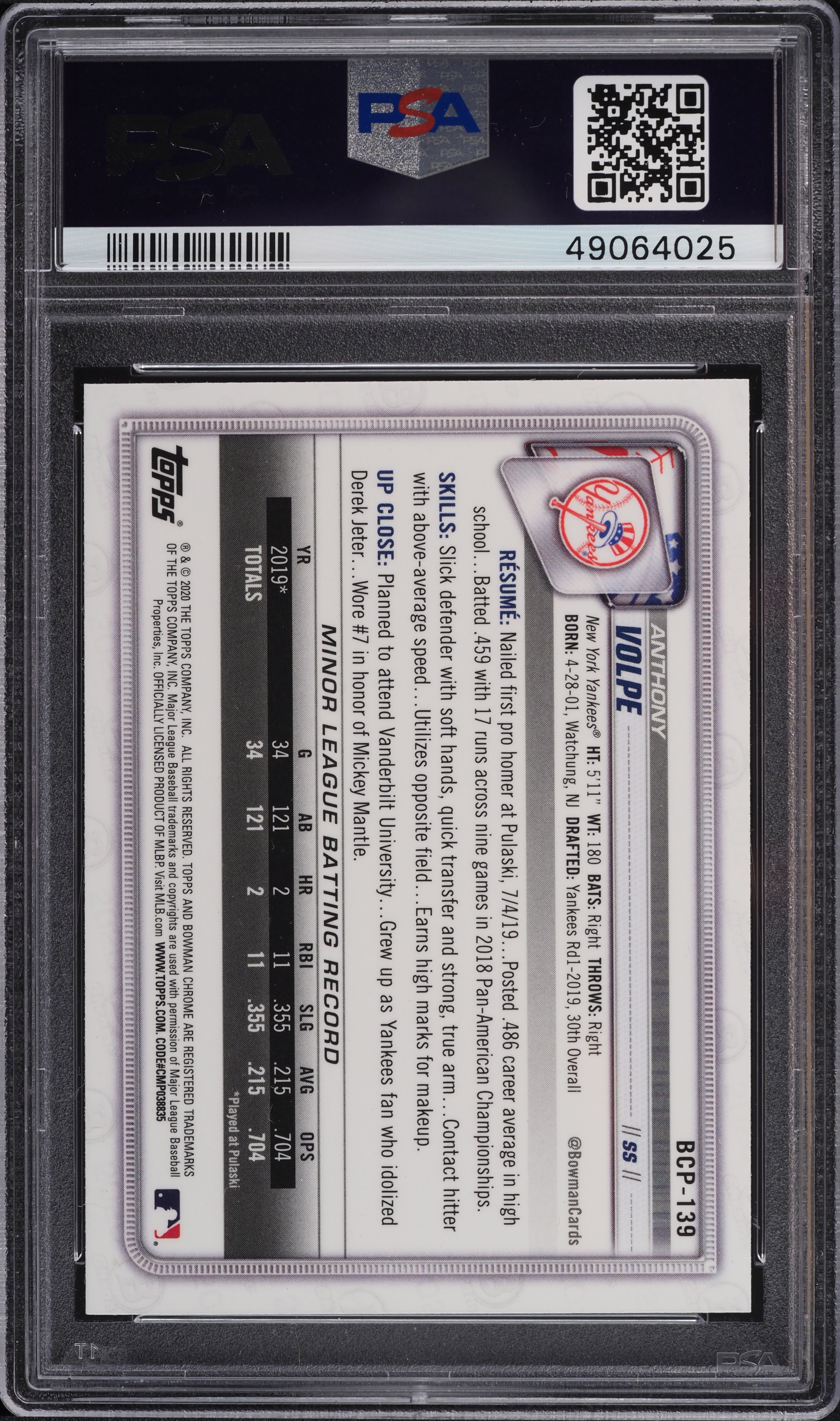 2020 Bowman Chrome Mega Box Anthony Volpe ROOKIE RC #BCP139 PSA 10