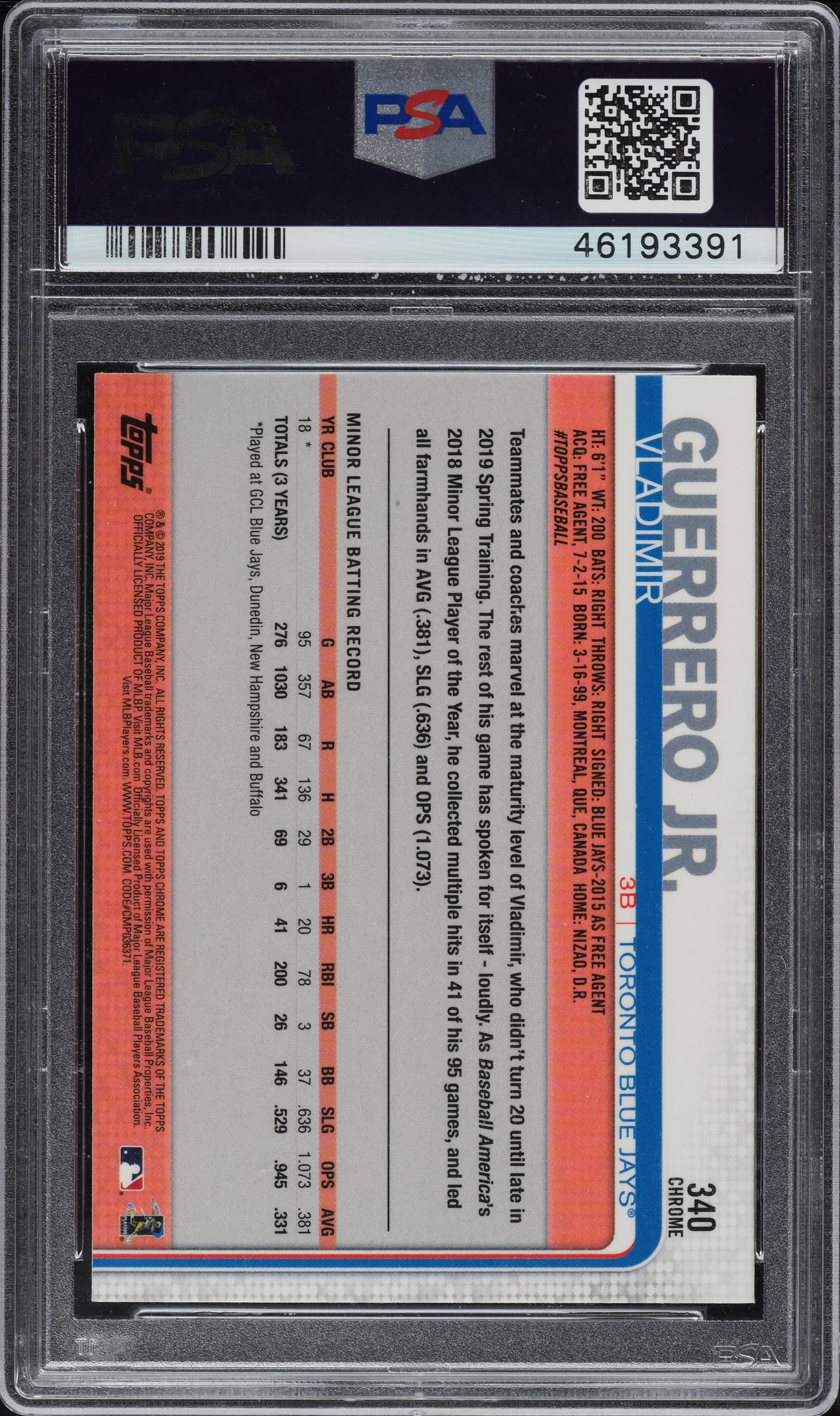 2019 Topps Chrome Sapphire Vladimir Guerrero Jr. ROOKIE #340 PSA 9