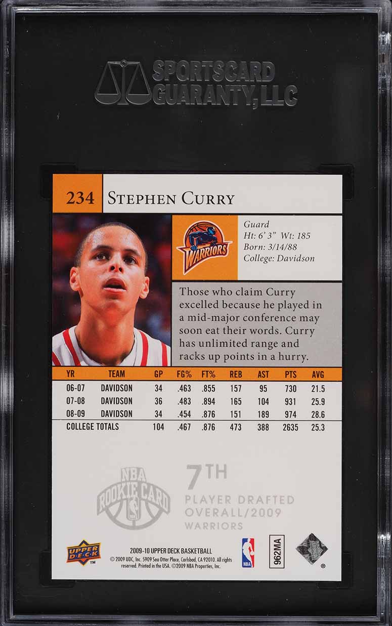 2009 Upper Deck Basketball Stephen Curry ROOKIE RC #234 SGC 10