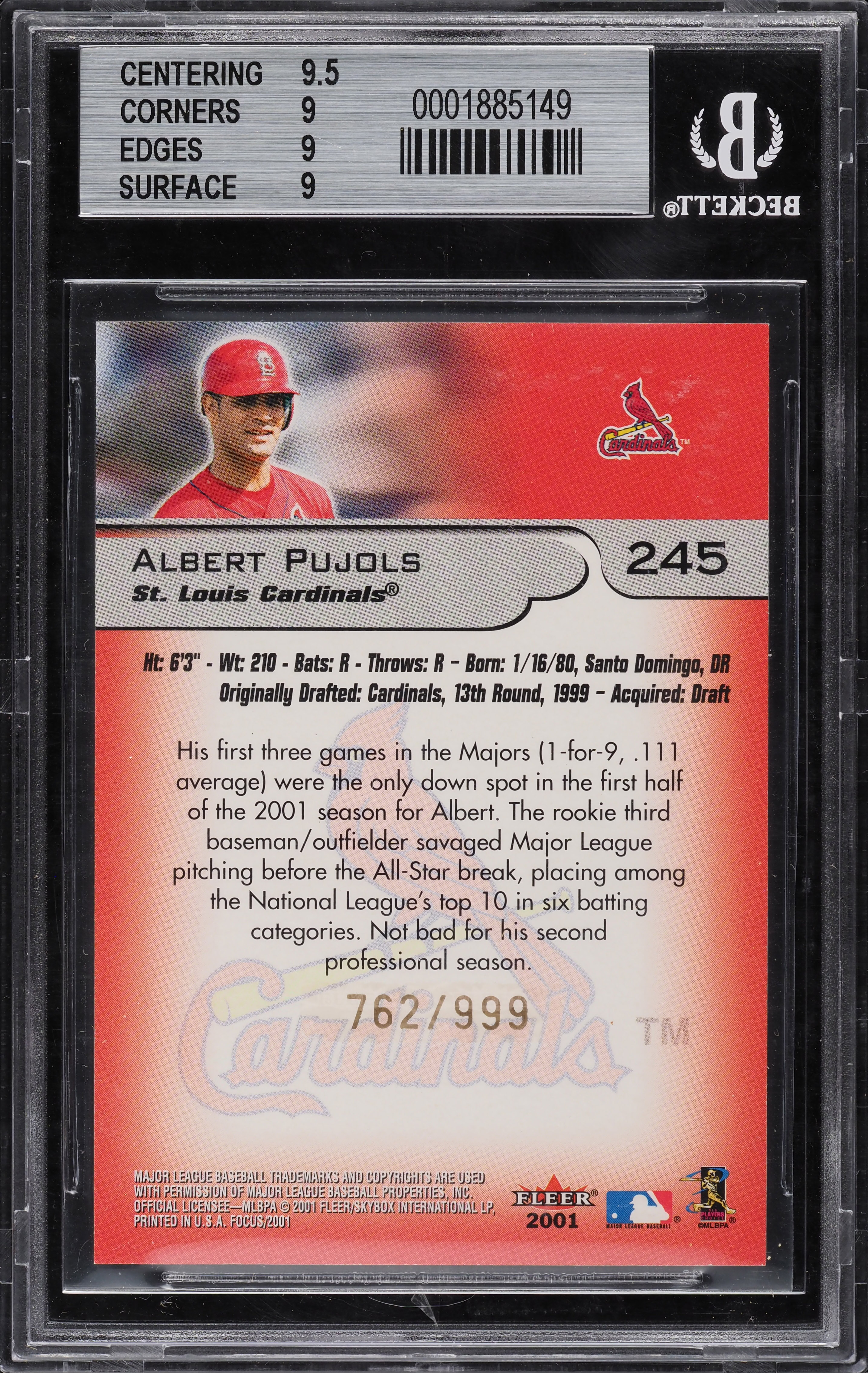 2001 Fleer Focus Albert Pujols ROOKIE RC /999 #245 BGS 9 MINT on
