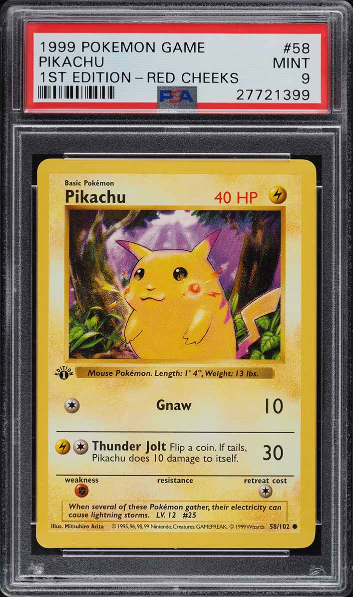 1999 Pokemon Base Set Shadowless 1st Edition Red Cheeks Pikachu #58 PSA 9 MINT