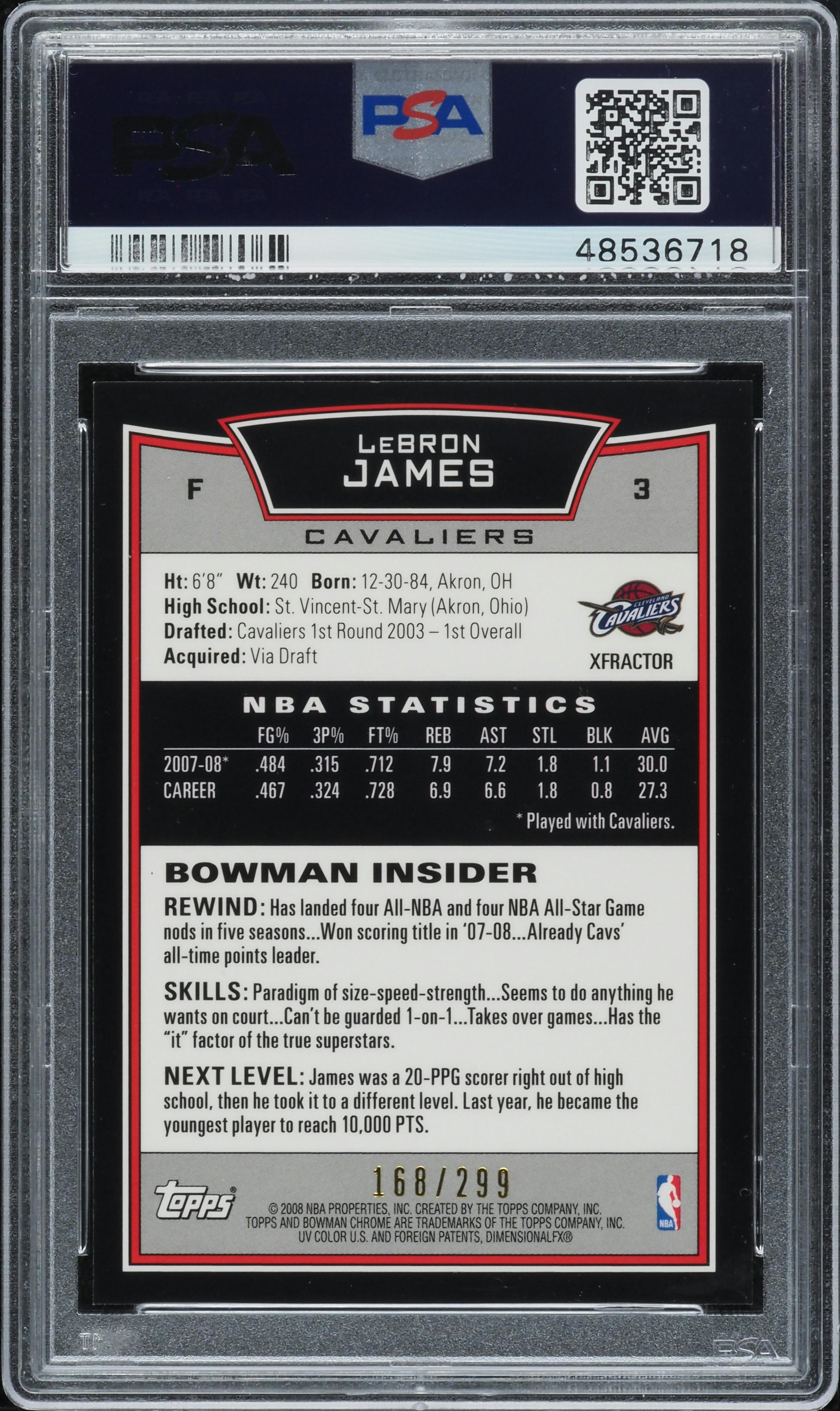 2008 Bowman Chrome Xfractor LeBron James /299 #3 PSA 9 MINT on