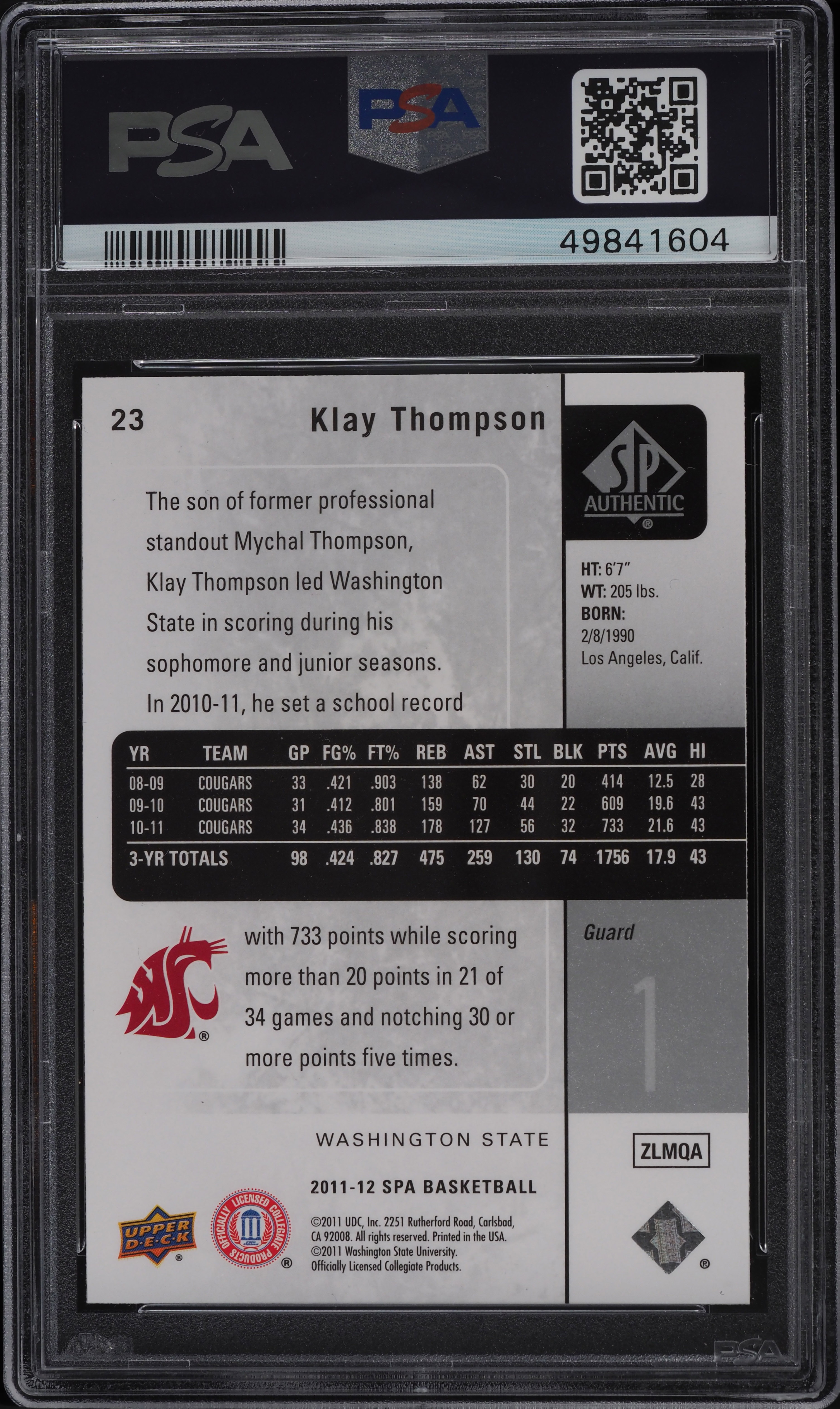 2011 SP Authentic Klay Thompson ROOKIE RC #23 PSA 10 GEM MINT on