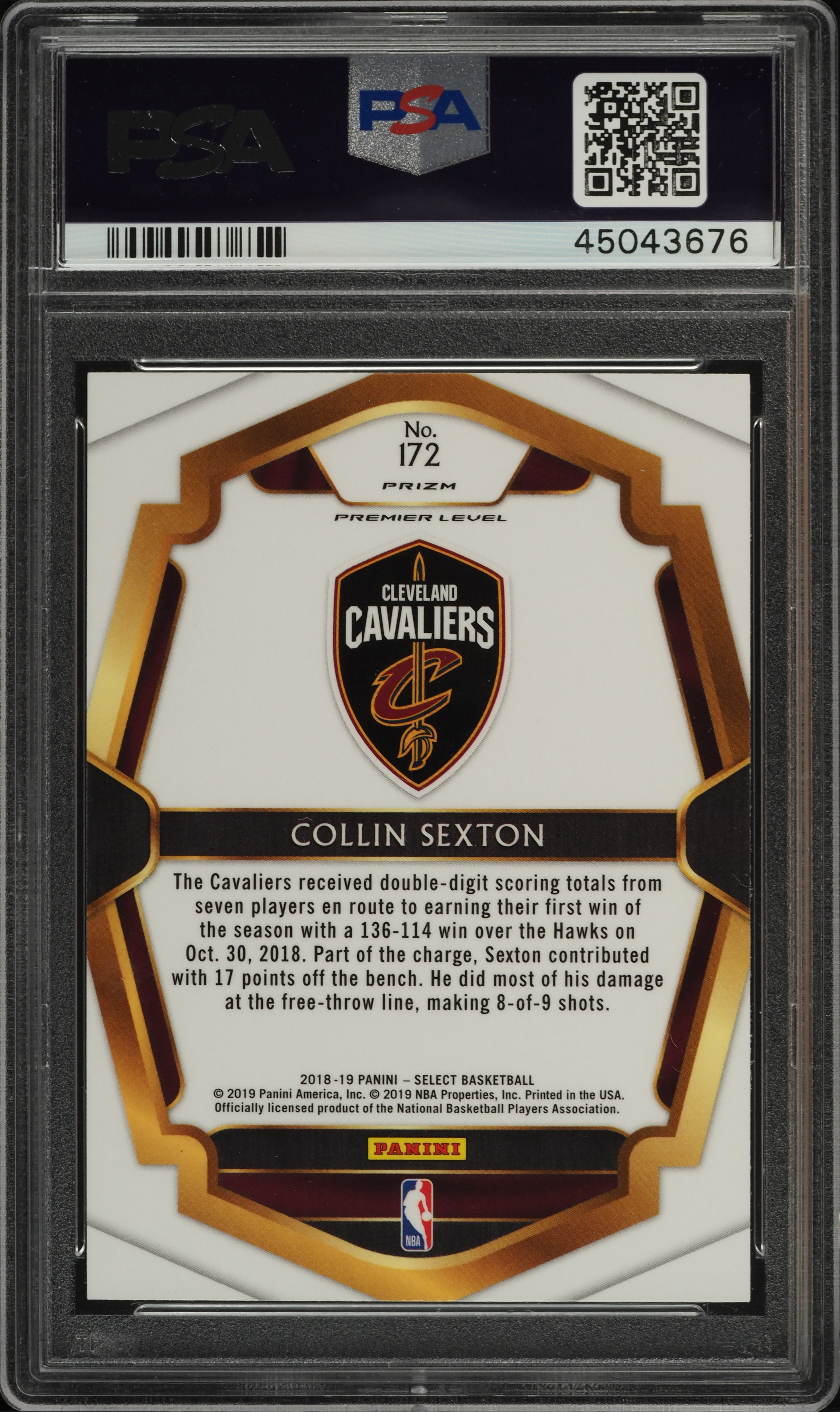 2018 Select Zebra Prizm Collin Sexton ROOKIE RC #172 PSA 10 GEM