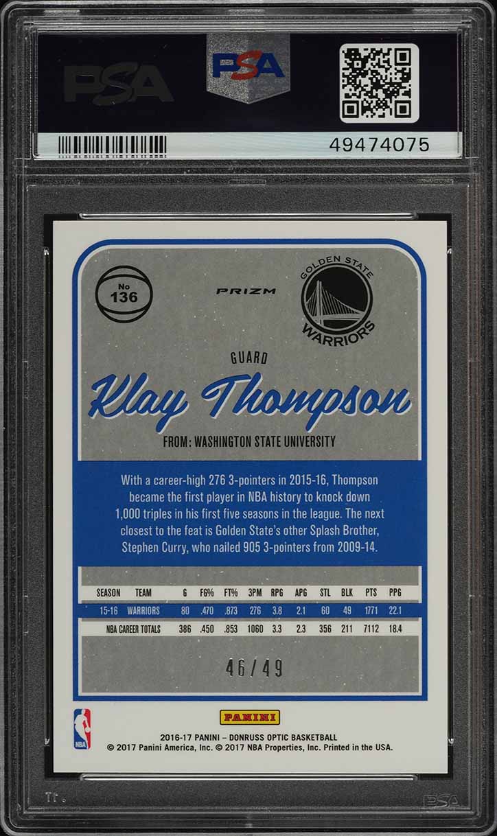 2016 Donruss Optic Blue Klay Thompson /49 #136 PSA 9 MINT