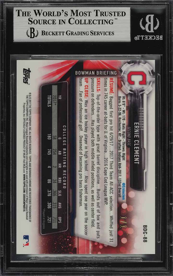 2017 Bowman Chrome Draft Superfractor Ernie Clement ROOKIE 1/1 #BDC-88 BGS 8.5