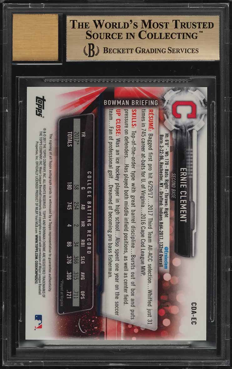2017 Bowman Chrome Draft Superfractor Ernie Clement RC AUTO 1/1 #CDA-EC BGS 9.5