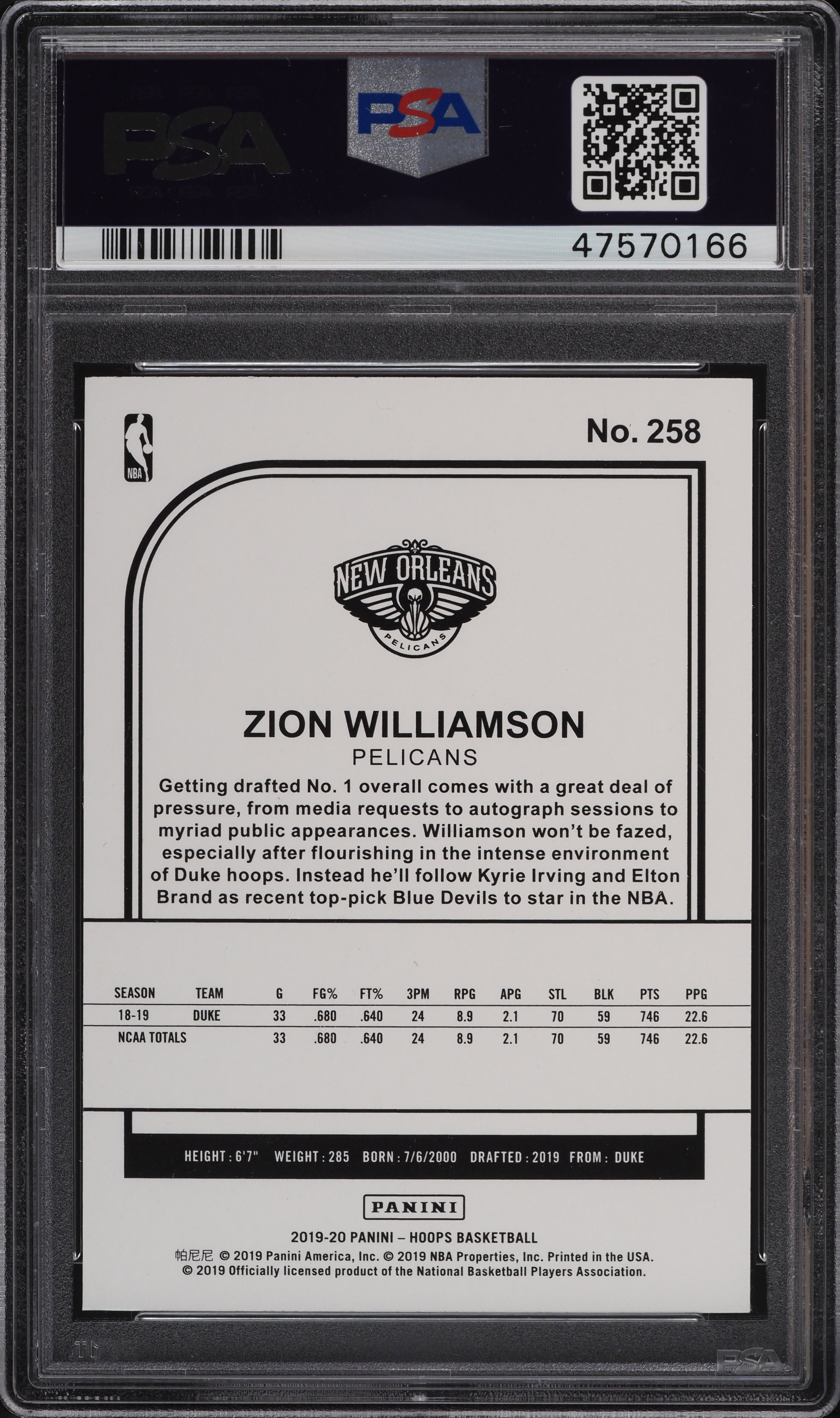 2019 Hoops Zion Williamson ROOKIE RC #258 PSA 10 GEM MINT on