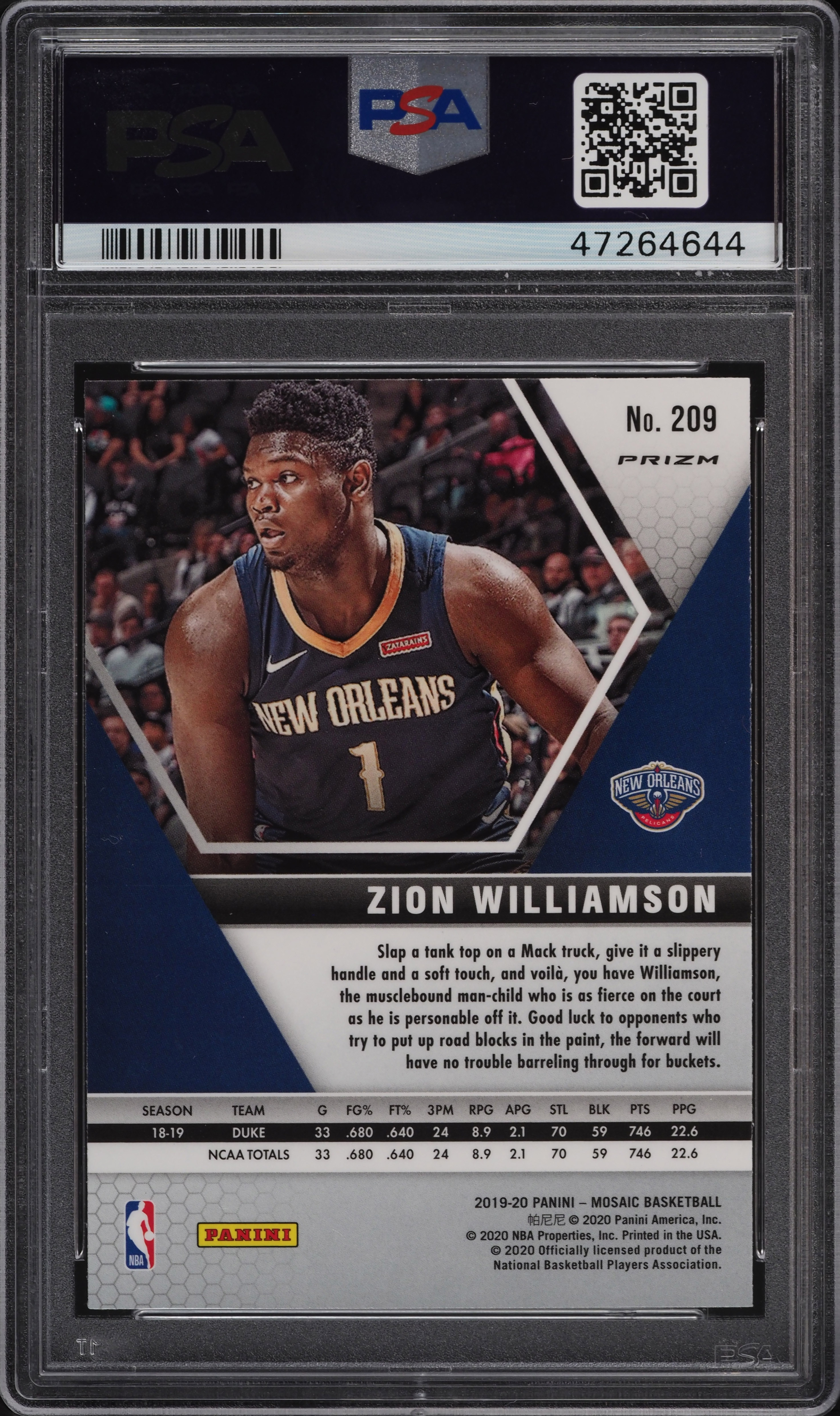 2019 Panini Mosaic Reactive Blue Zion Williamson ROOKIE #209 PSA