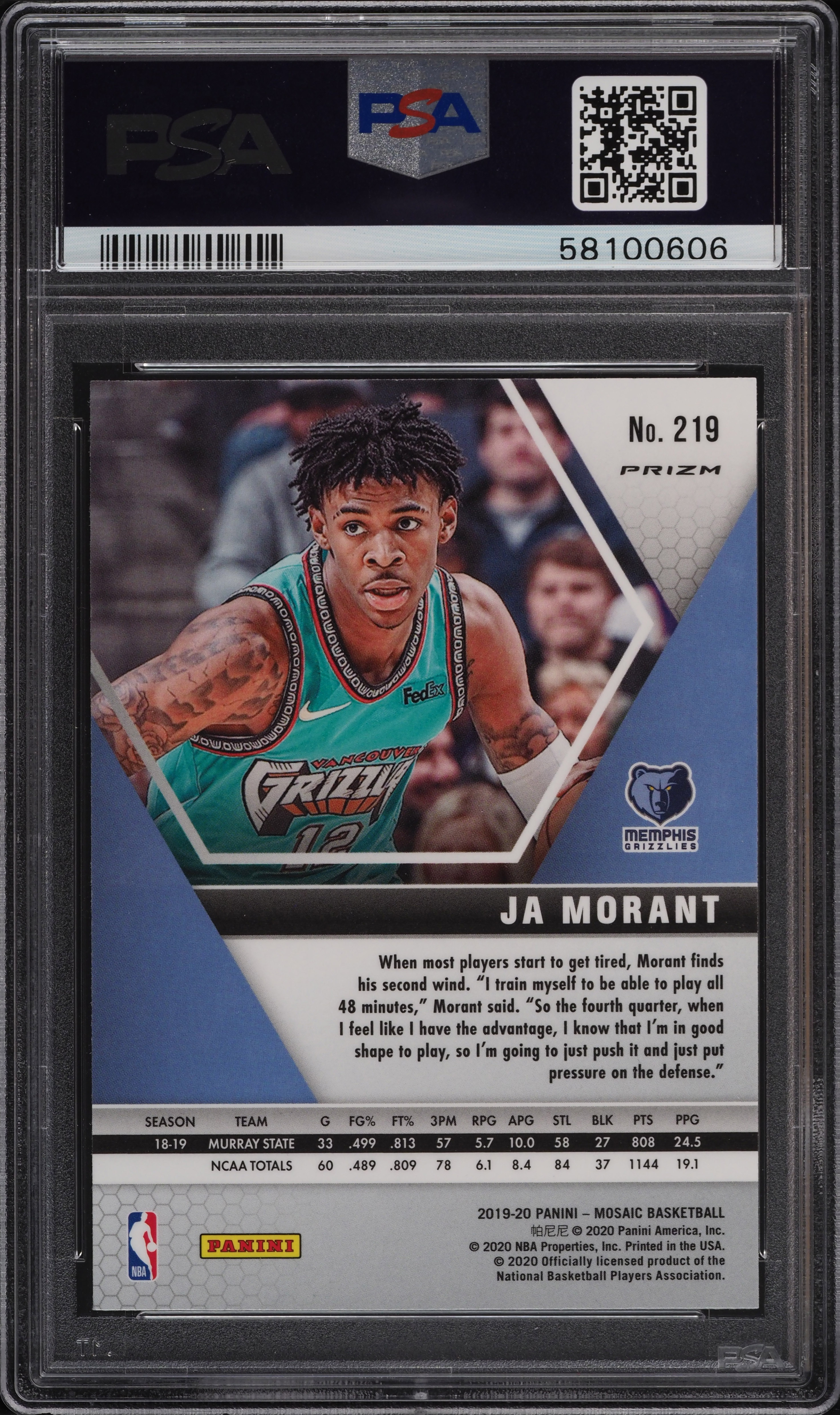 2019 Panini Mosaic Prizms Ja Morant ROOKIE RC #219 PSA 10 GEM MINT