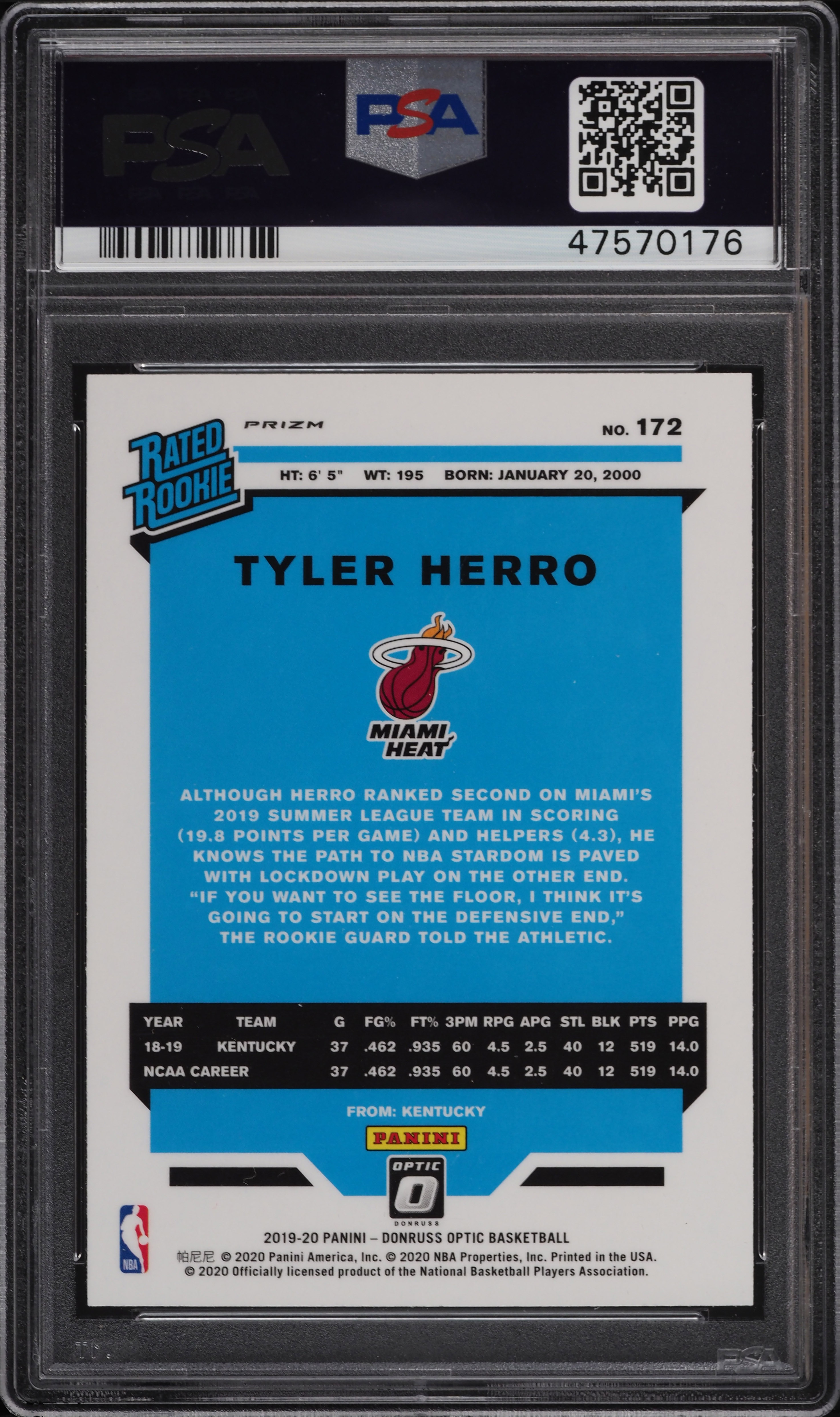 2019 Donruss Optic Holo Tyler Herro ROOKIE #172 PSA 10 GEM MINT on