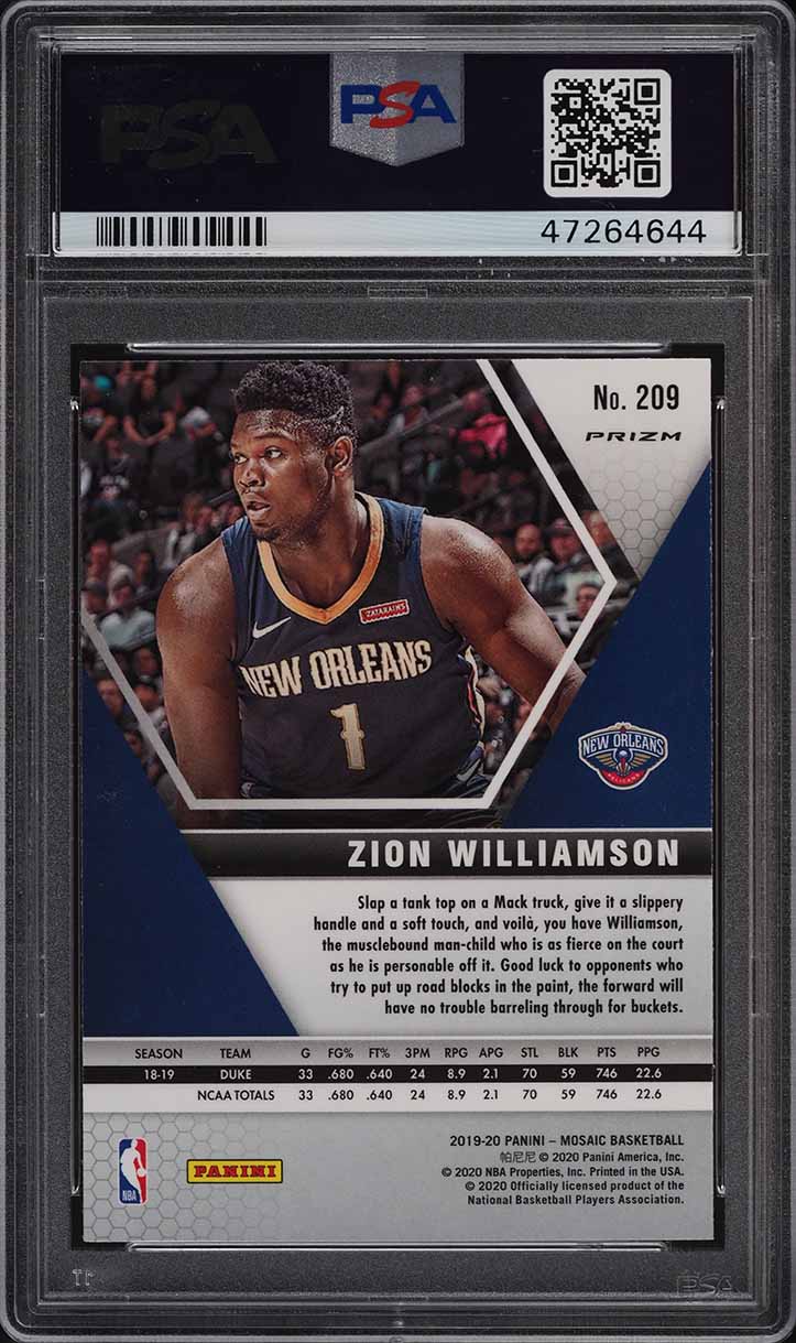 2019 Panini Mosaic Reactive Blue Zion Williamson ROOKIE #209 PSA