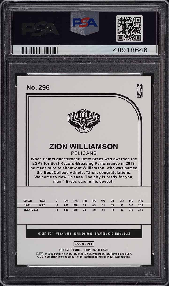 2019 Hoops Tribute Purple Zion Williamson ROOKIE RC #296 PSA 10 GEM MINT