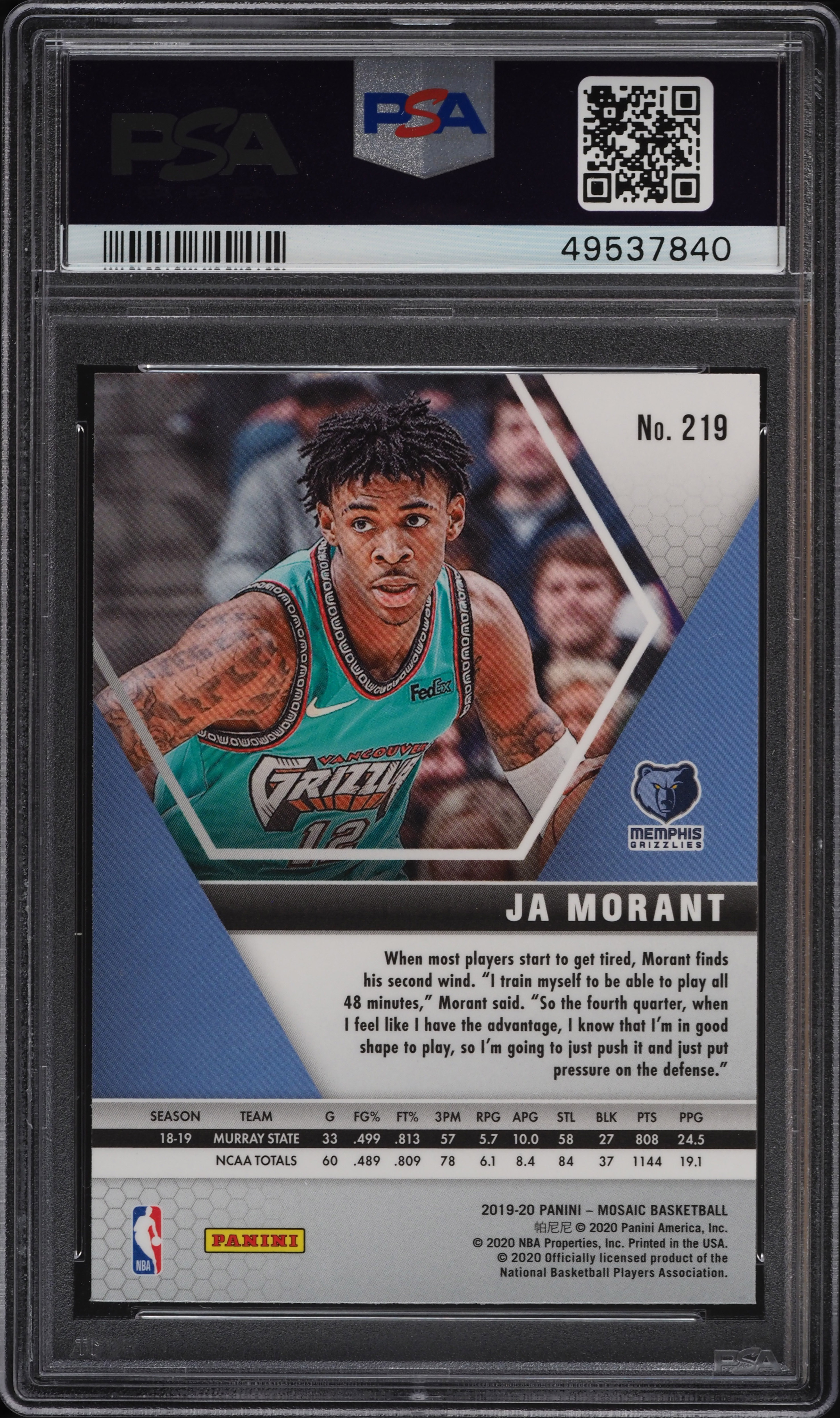 2019 Panini Mosaic Ja Morant ROOKIE #219 PSA 10 GEM MINT on