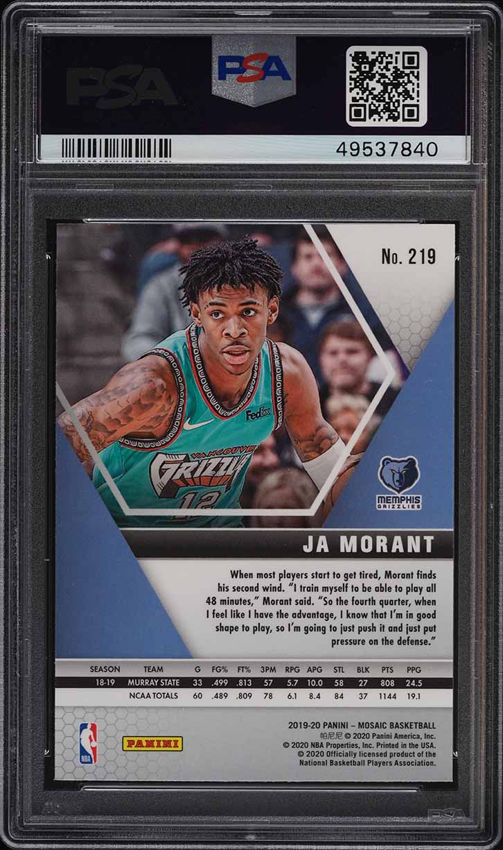 2019 Panini Mosaic Ja Morant ROOKIE #219 PSA 10 GEM MINT on