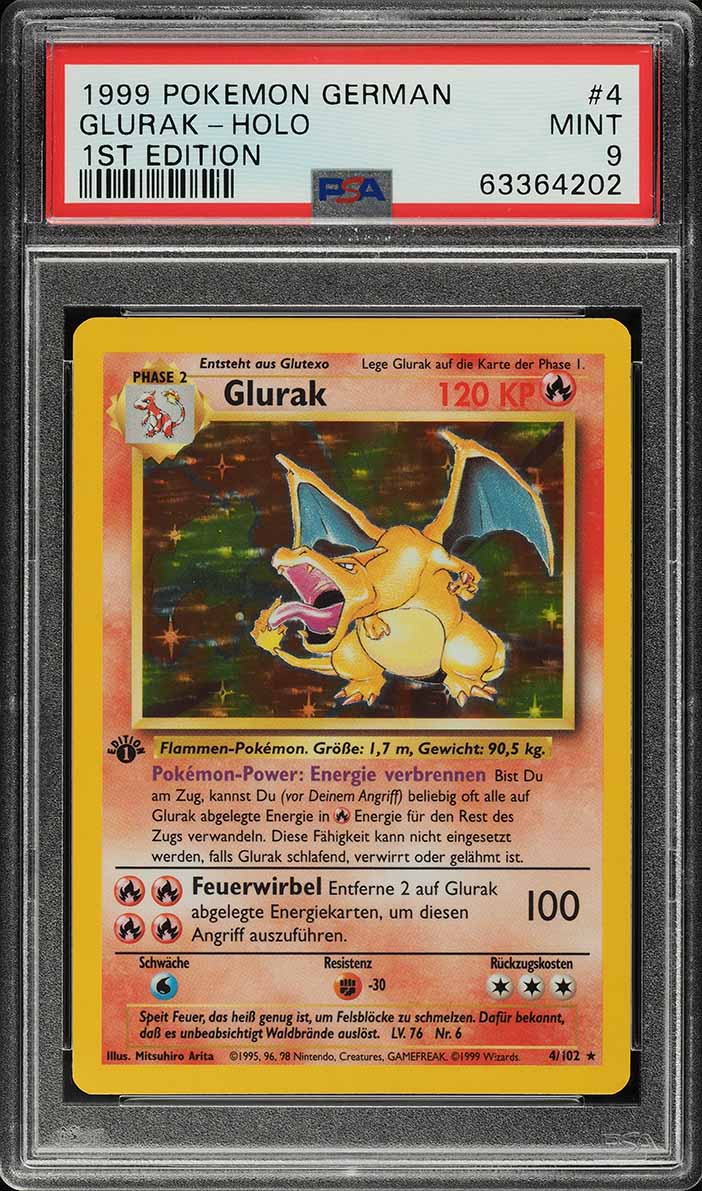1999 Pokemon German Base Set 1st Edition Holo Charizard Glurak #4 PSA 9 MINT