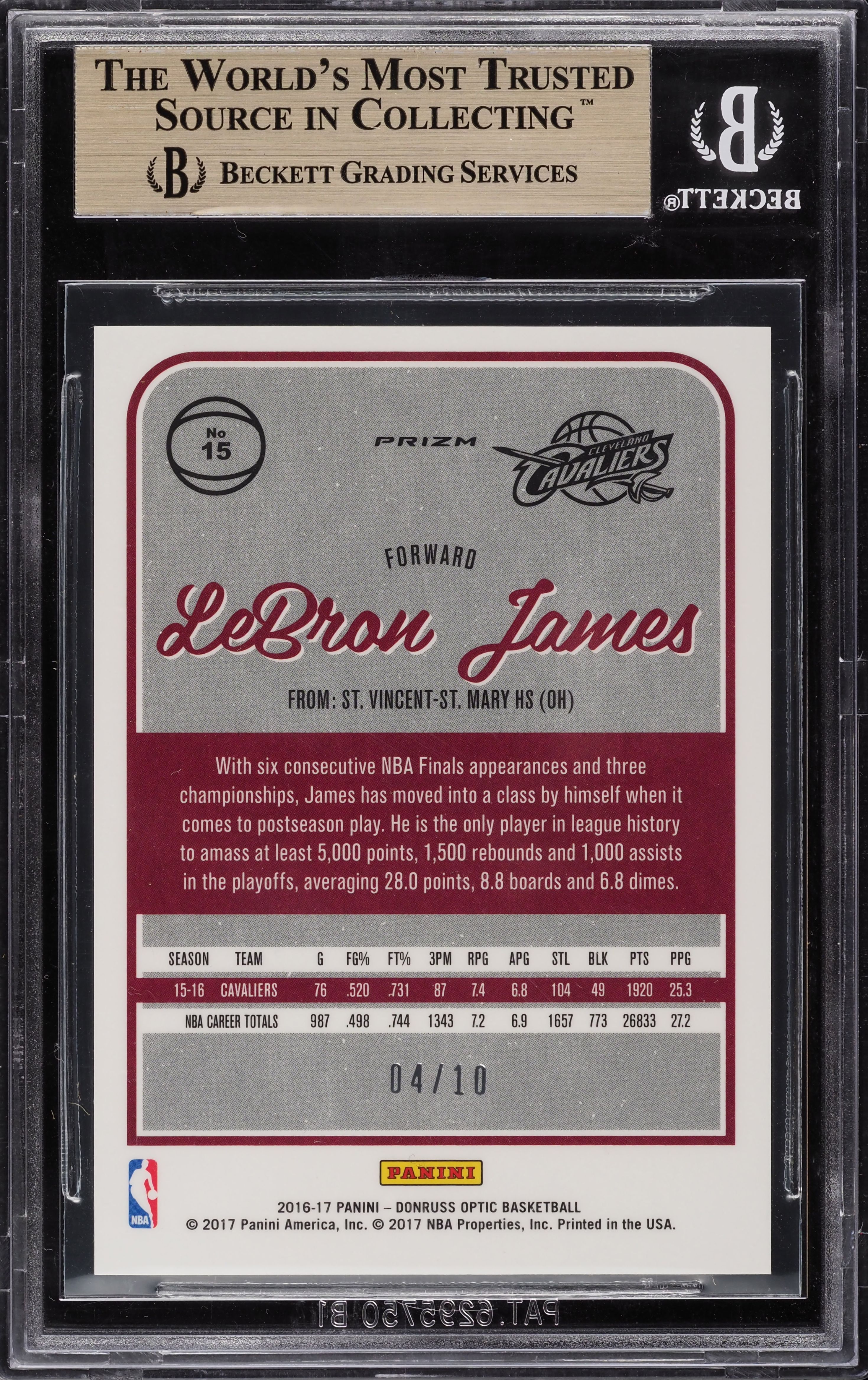 2016 Donruss Optic Gold Prizm LeBron James w/ Kobe Bryant /10 #15