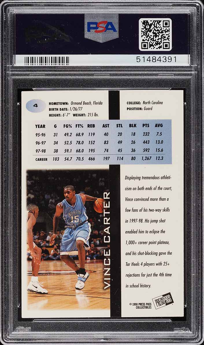 1998 Press Pass Vince Carter ROOKIE #4 PSA 10 GEM MINT