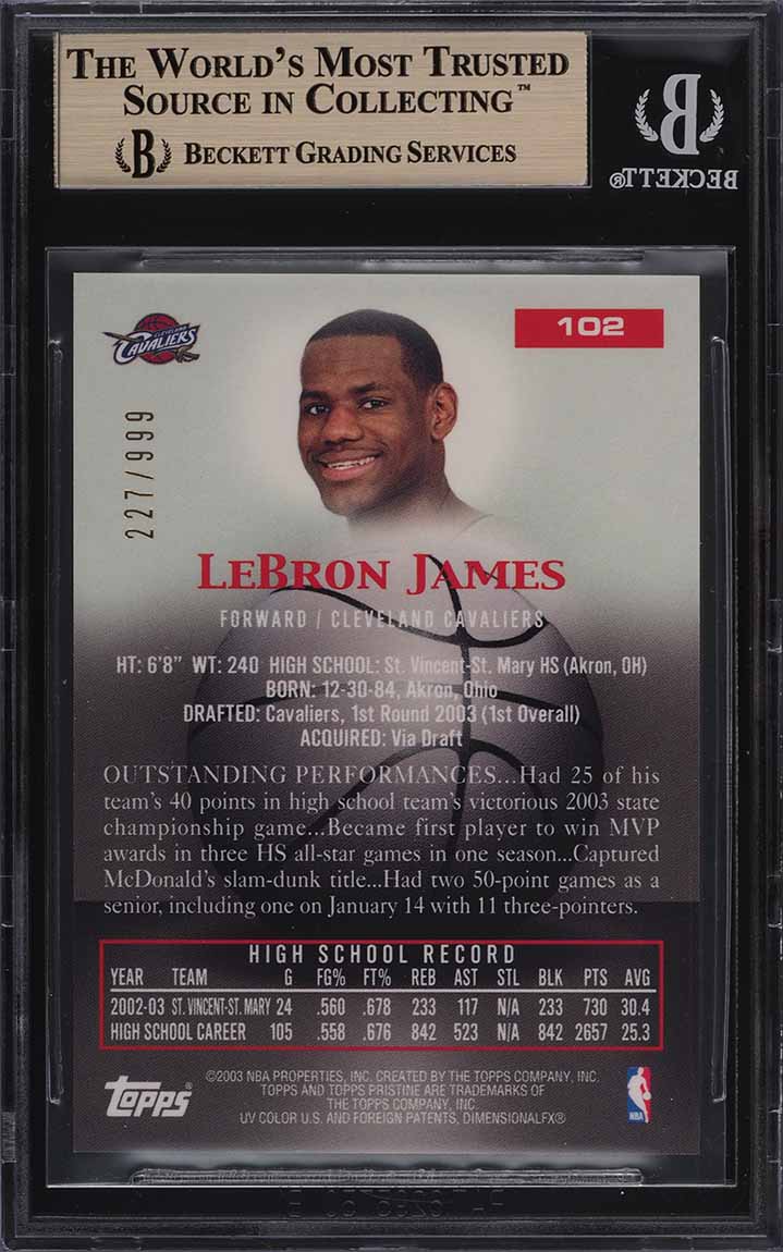 2003 Topps Pristine LeBron James ROOKIE RC /999 #102 BGS 9.5 GEM MINT