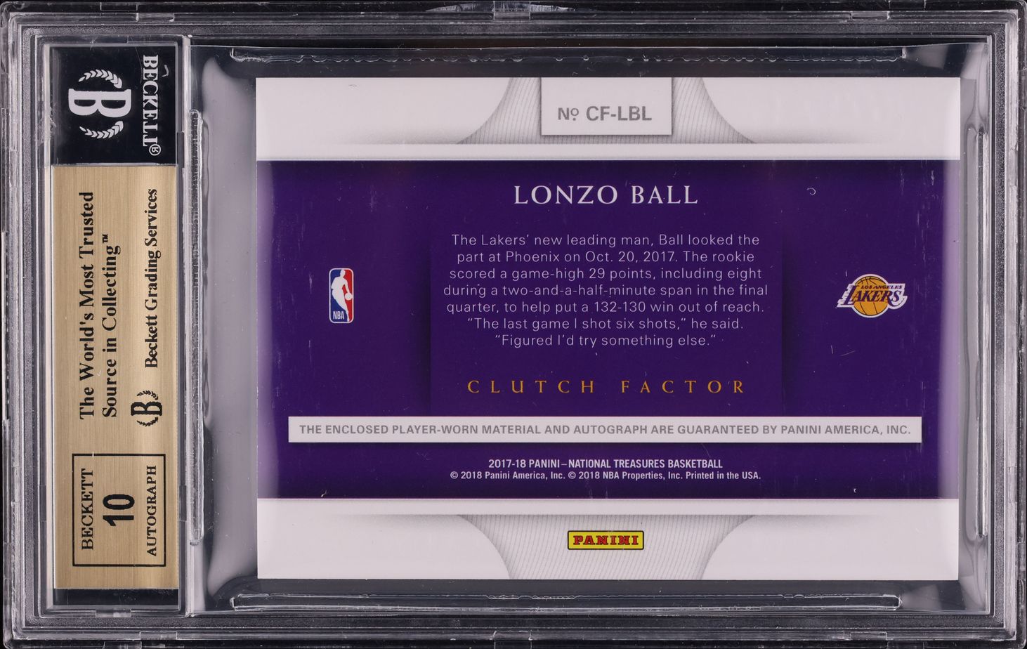 2017 National Treasures Clutch Factor Lonzo Ball ROOKIE PATCH AUTO /49 BGS 9.5