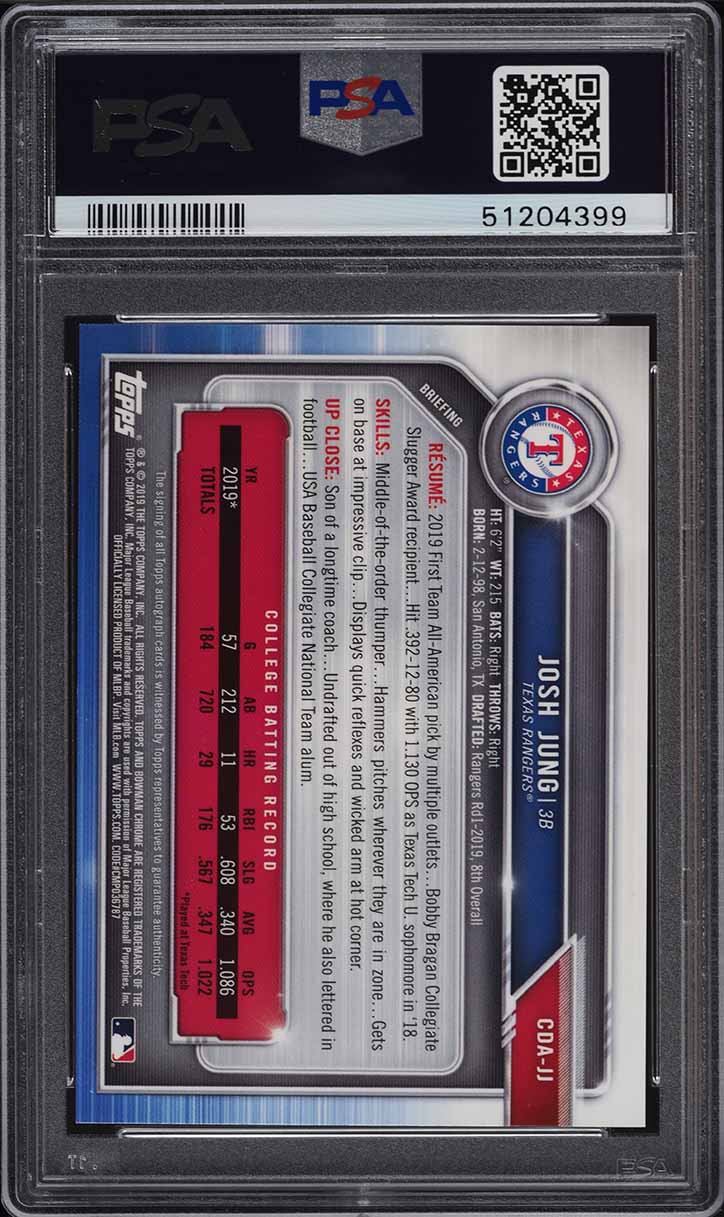 2019 Bowman Chrome Draft Josh Jung ROOKIE RC AUTO #CDAJJ PSA 9