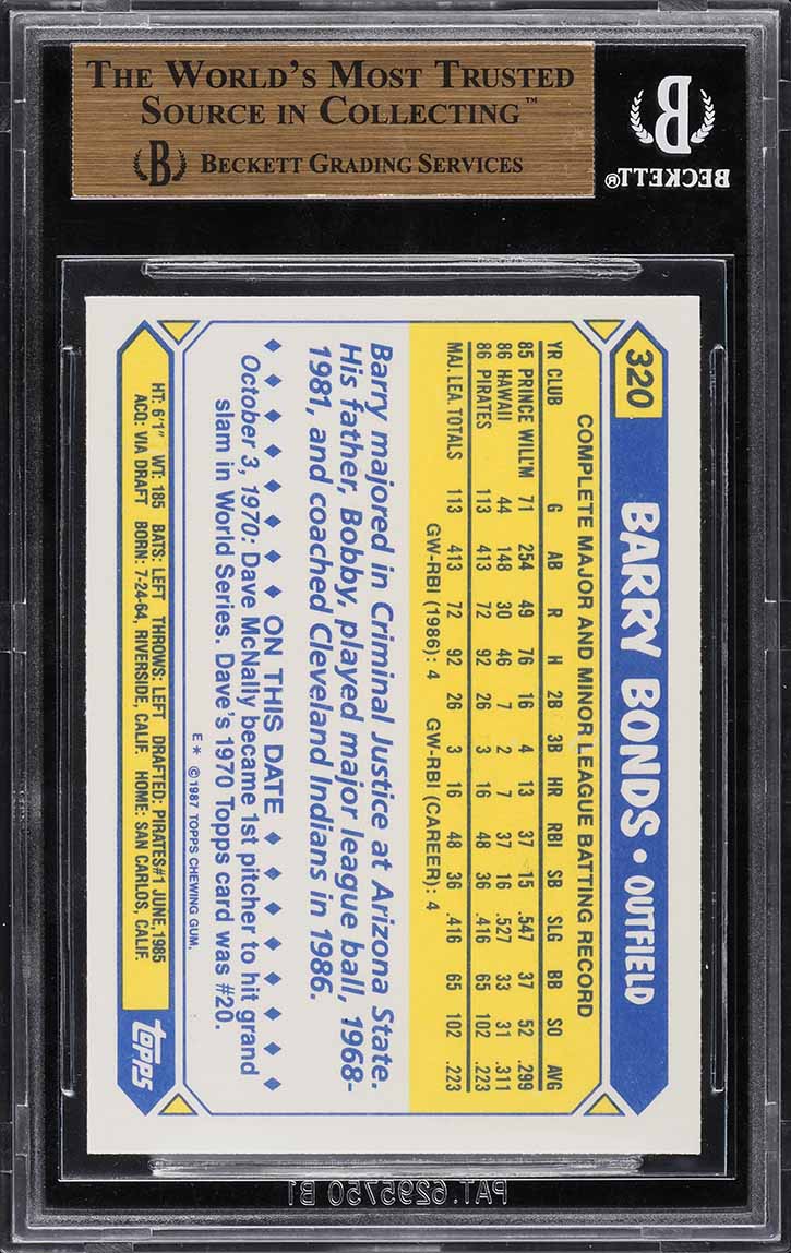 1987 Topps Tiffany Barry Bonds ROOKIE #320 BGS 9.5 GEM MINT