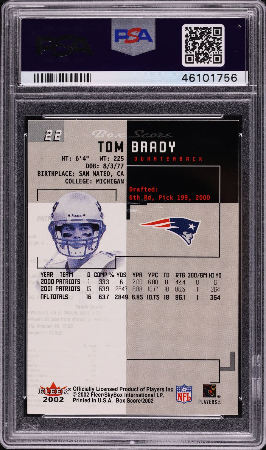 2002 Fleer Box Score Tom Brady #22 PSA 8 NM-MT