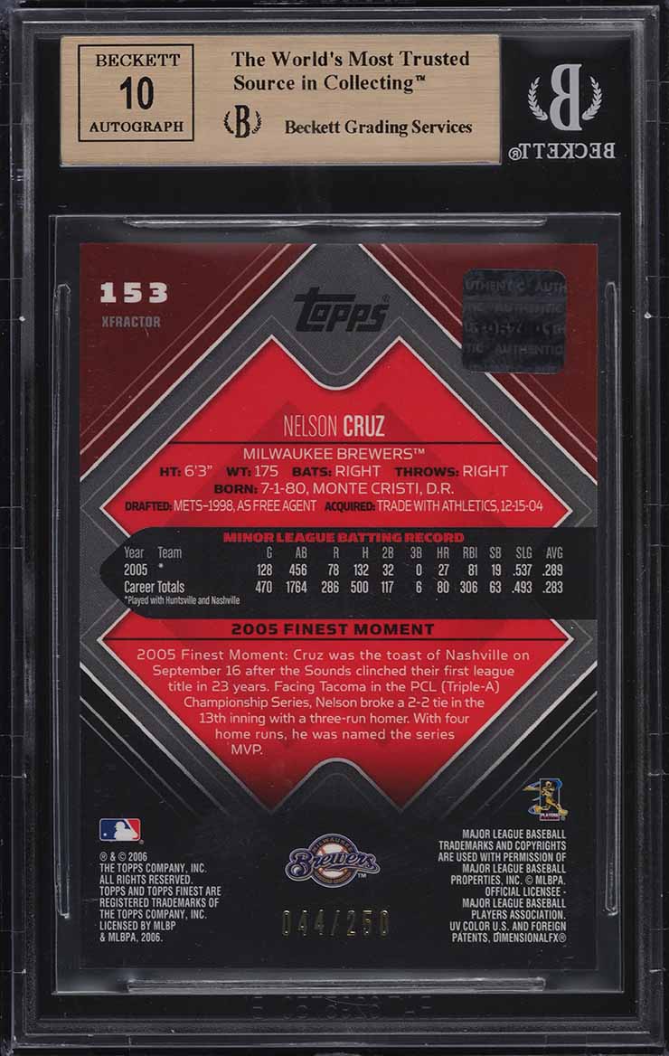 2006 Finest Xfractor Nelson Cruz ROOKIE AUTO /250 #153 BGS 9.5 GEM MINT