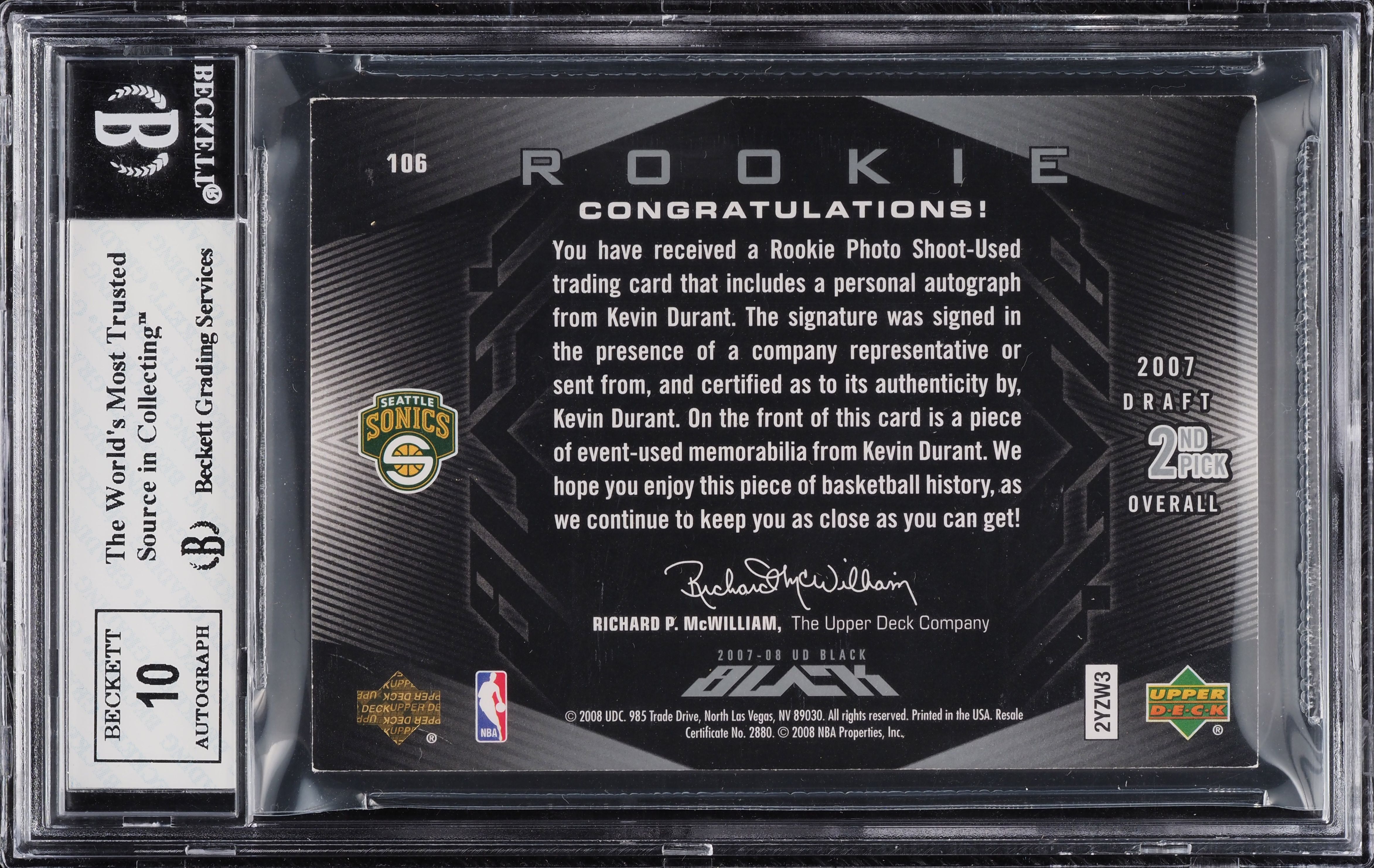 2007 Upper Deck Black Kevin Durant ROOKIE AUTO PATCH /99 #106 BGS