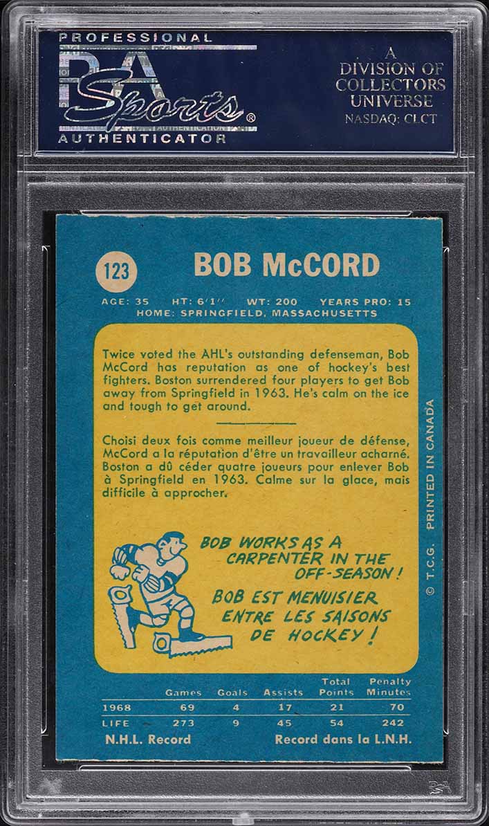 1969 O-Pee-Chee Hockey Bob McCord #123 PSA 8 NM-MT