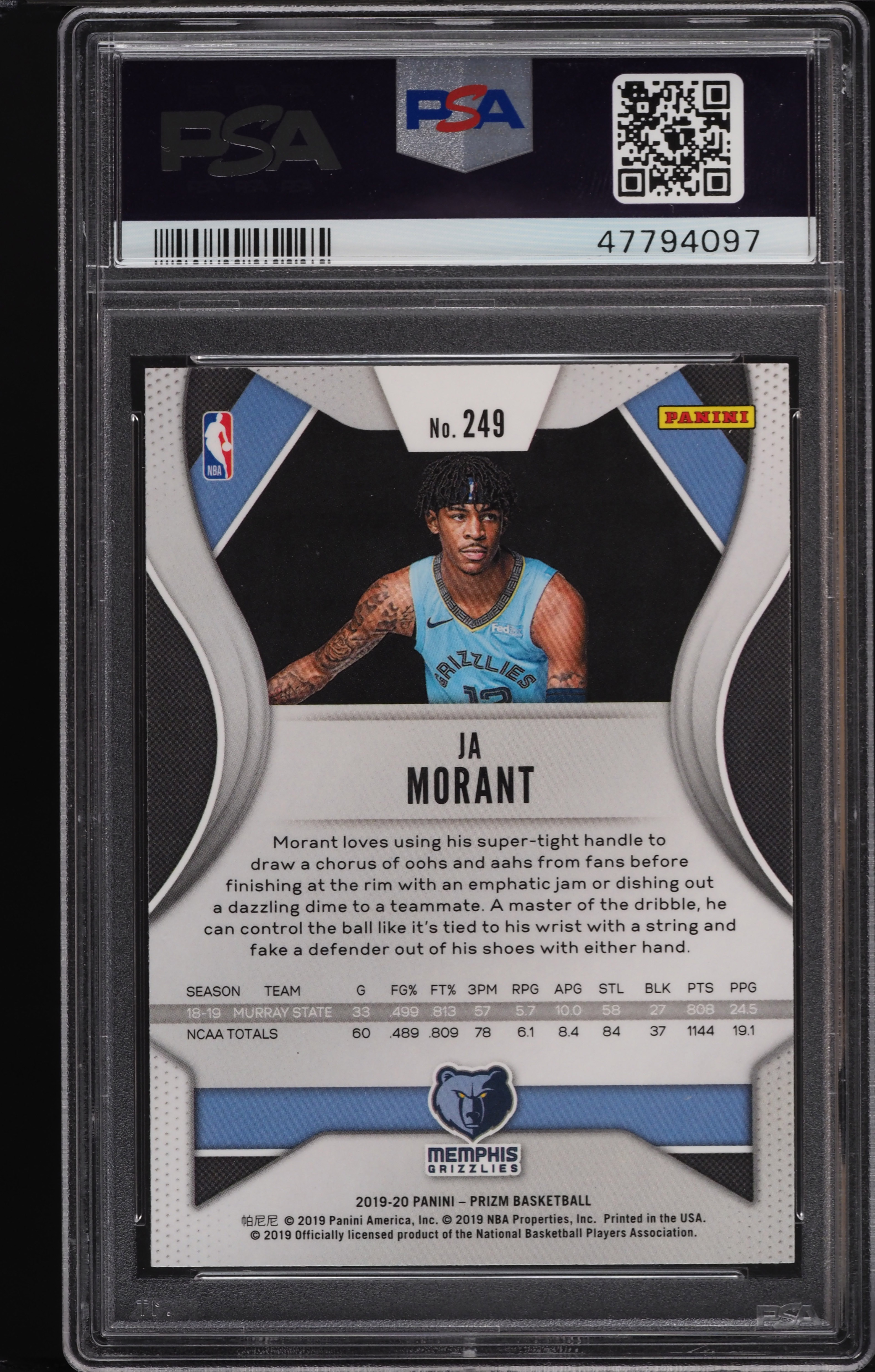 2019 Panini Prizm Ja Morant ROOKIE RC #249 PSA 9 MINT on Fanatics