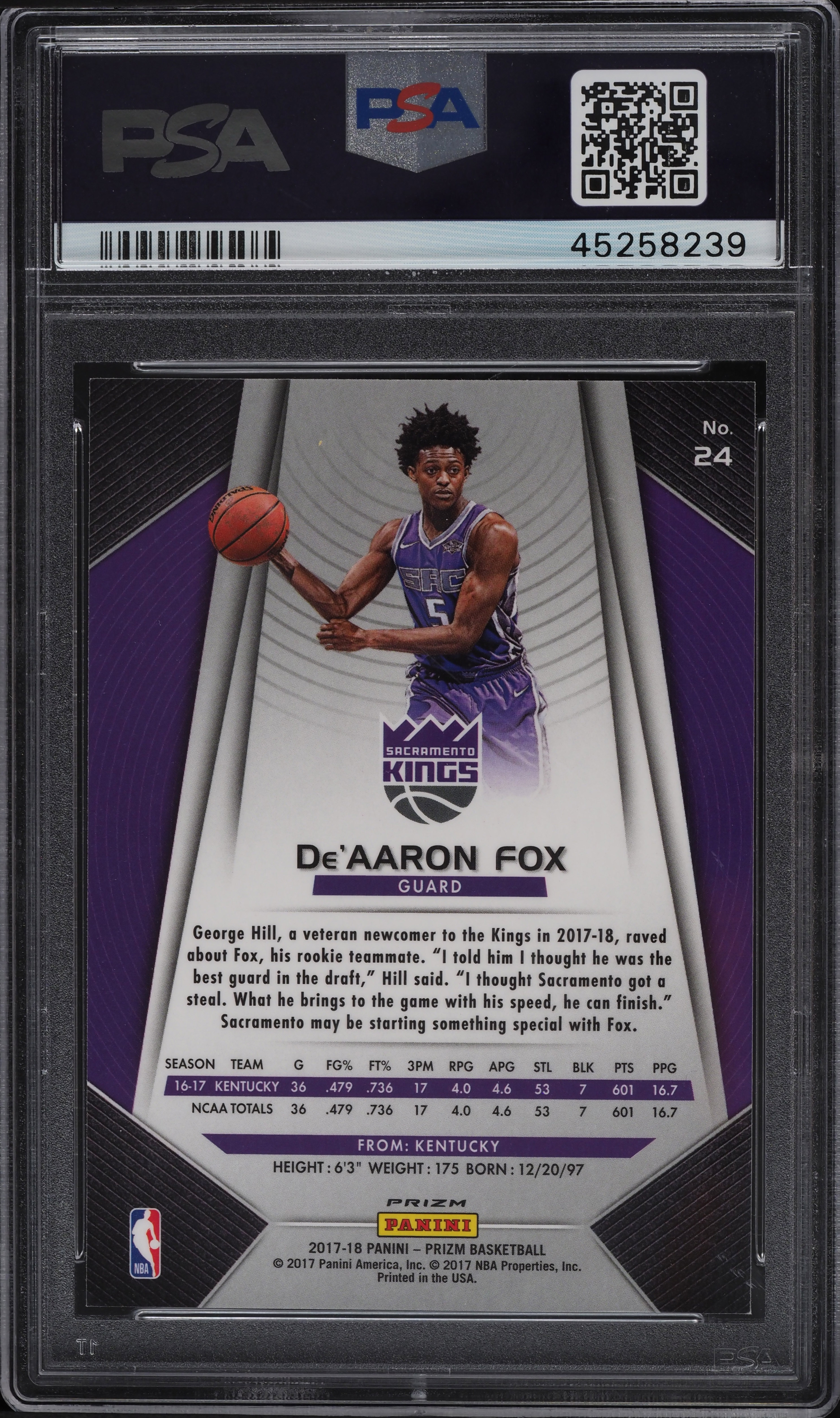 2017 Panini Prizm Silver Prizms De'Aaron Fox ROOKIE RC #24 PSA 9