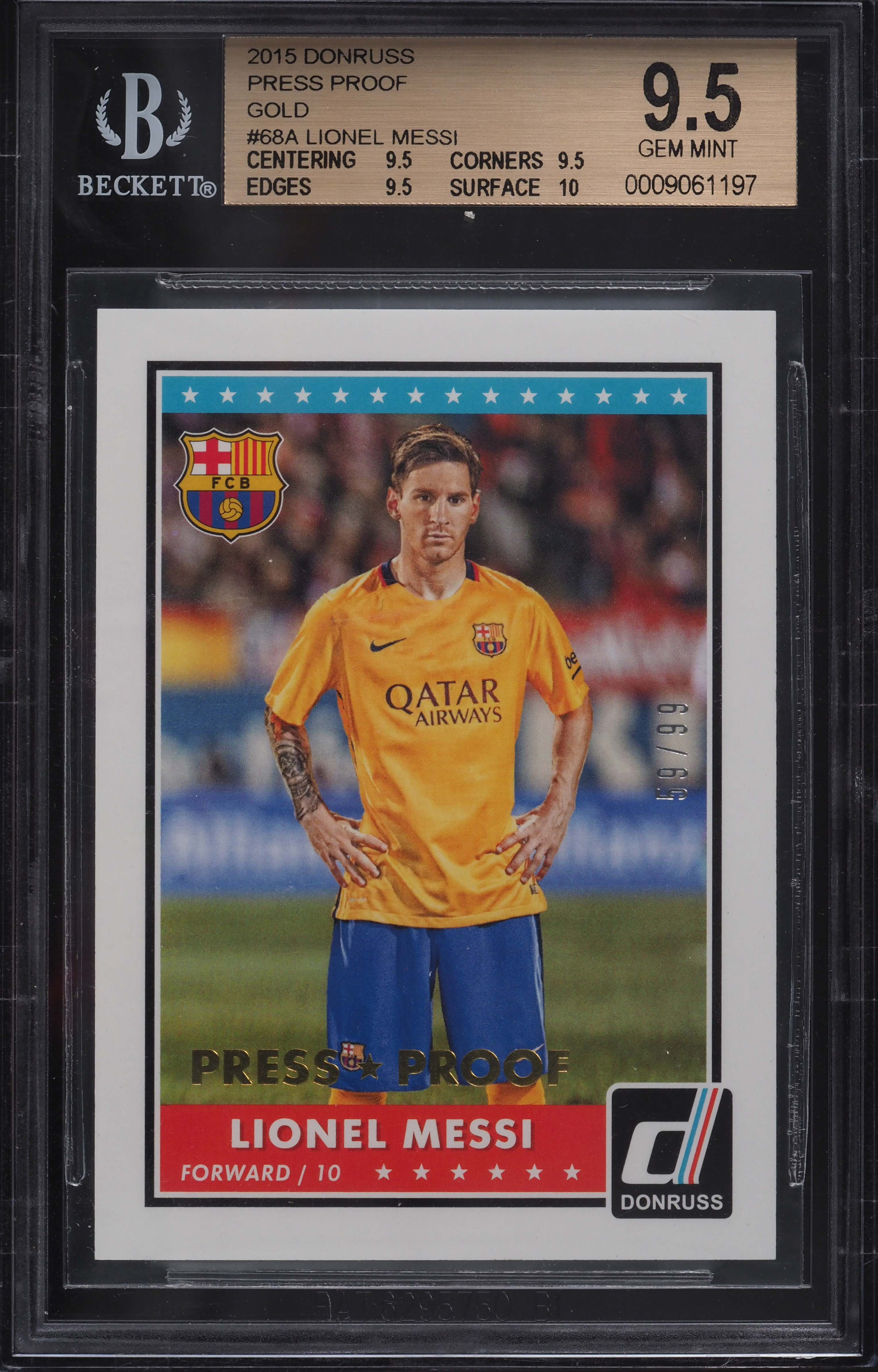 2015 Donruss Press Proof Gold Lionel Messi /99 #68A BGS 9.5 GEM
