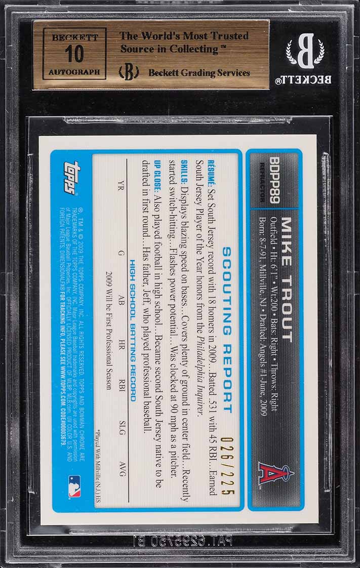 2009 Bowman Chrome Xfractor Mike Trout ROOKIE AUTO /225 BGS 9.5 GEM MINT