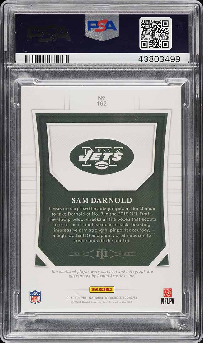 2018 National Treasures Sam Darnold ROOKIE RC PATCH AUTO /99 #162 PSA 9 MINT