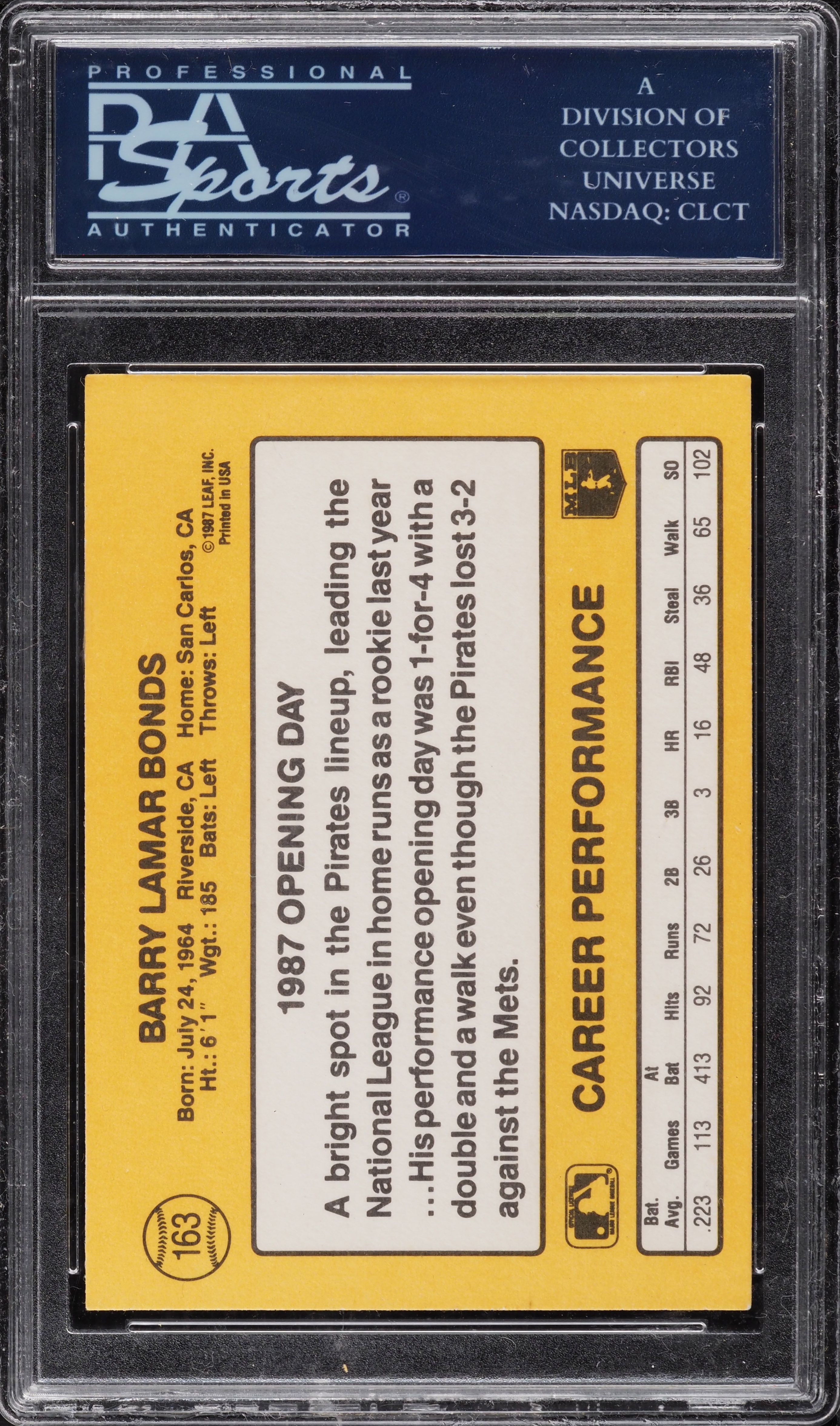 1987 Donruss Opening Day Barry Bonds ROOKIE #163 PSA 10 GEM MINT