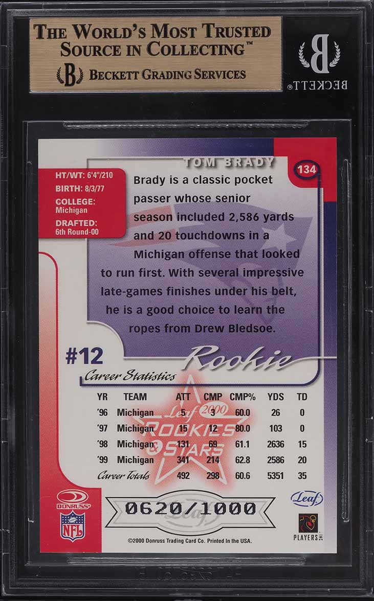 2000 Leaf Rookies & Stars Tom Brady ROOKIE /1000 #134 BGS 9.5 GEM MINT