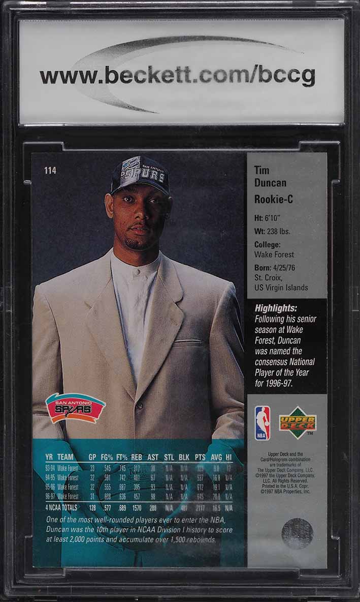 1997 Upper Deck Basketball Tim Duncan ROOKIE #114 BCCG 9