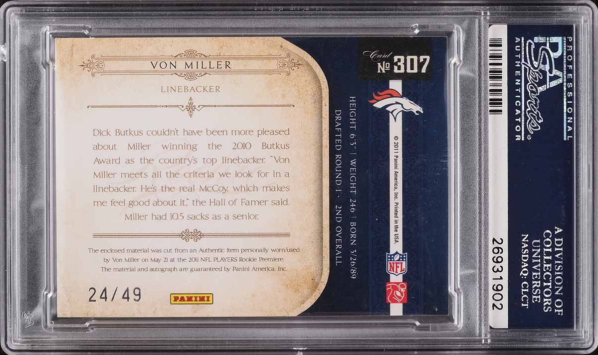 2011 National Treasures Gold Von Miller ROOKIE PATCH AUTO /49 #307 PSA 10 GEM
