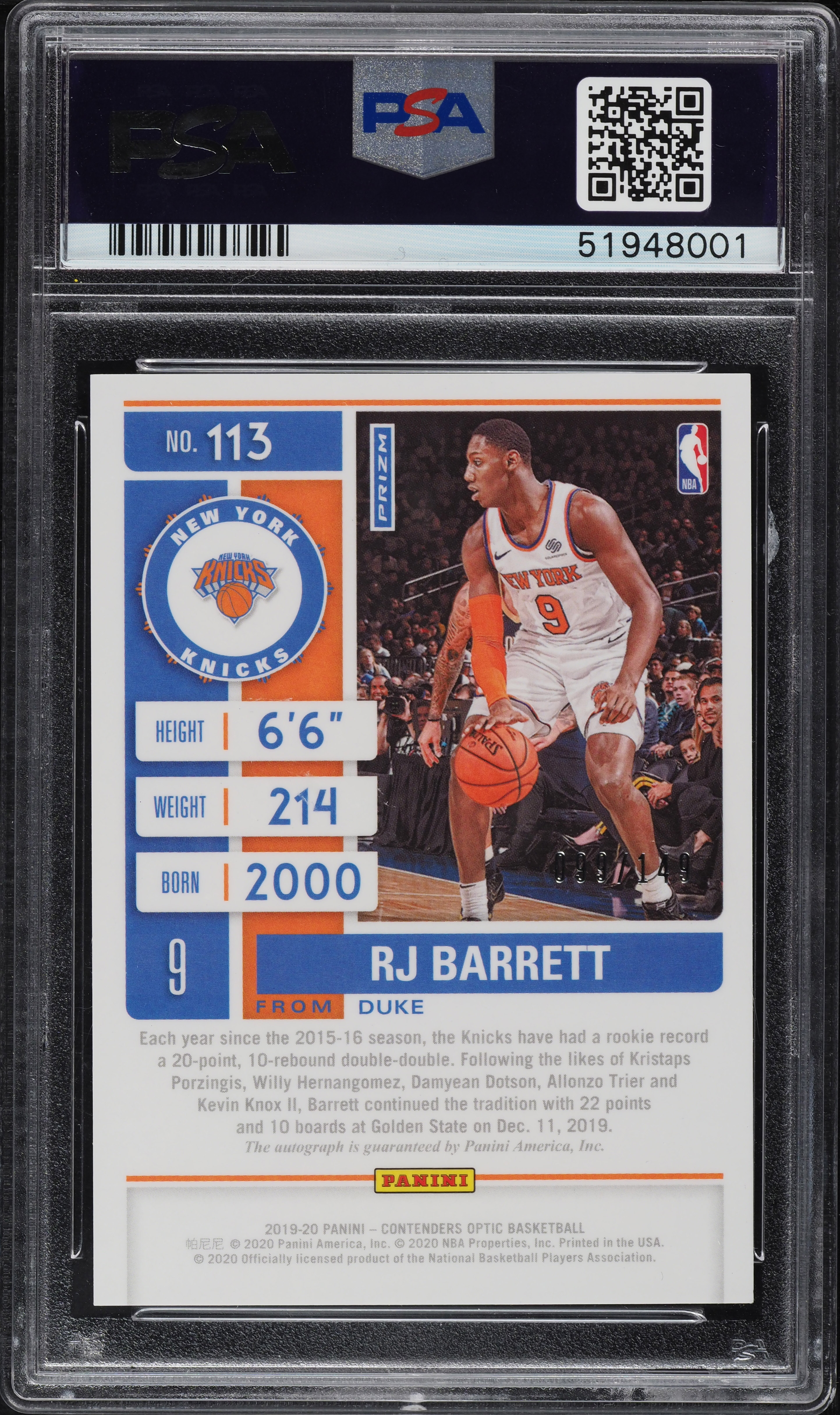 2019 Panini Contenders Optic Red RJ Barrett ROOKIE AUTO DNA 10