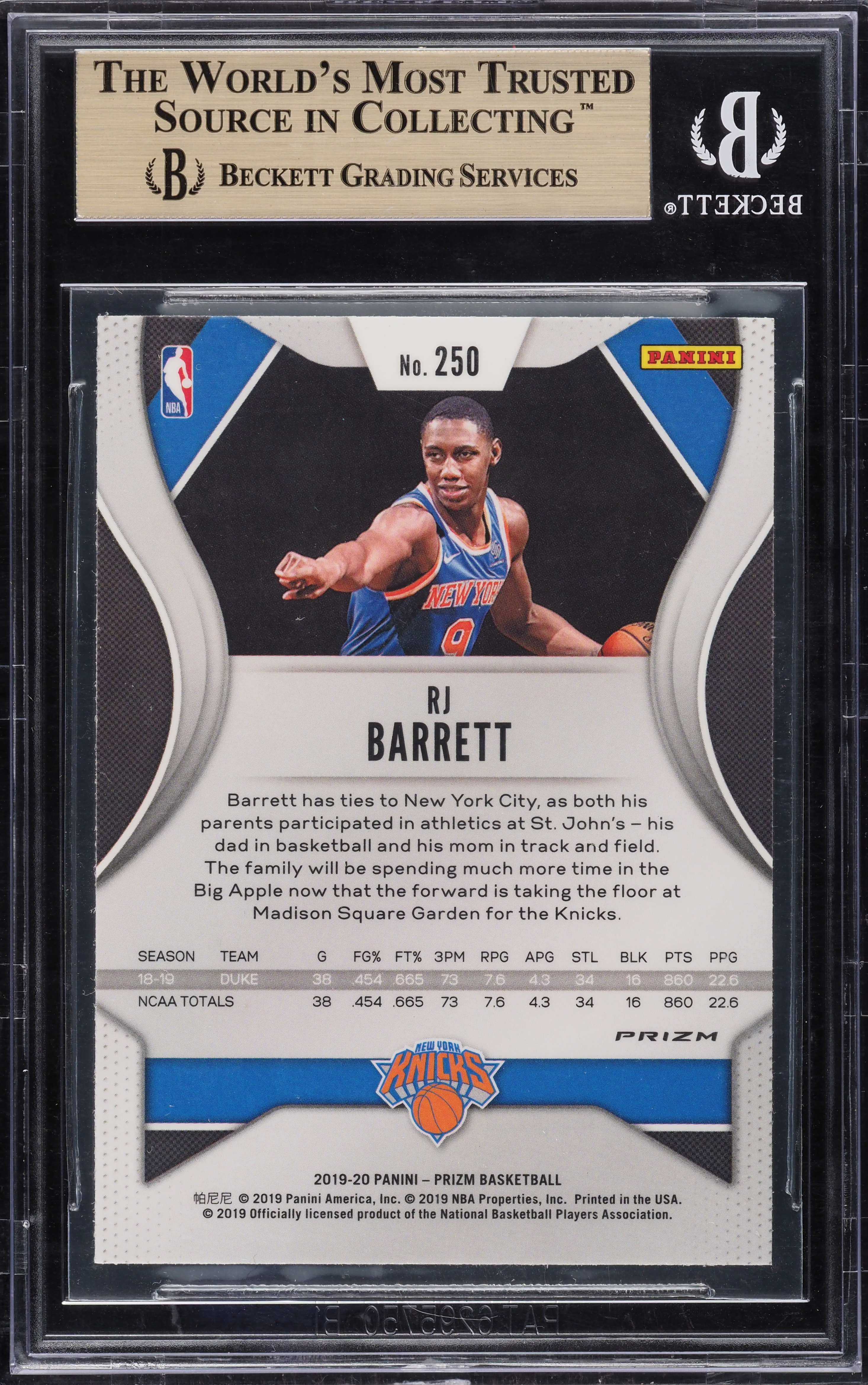 2019 Panini Prizm Silver Prizms RJ Barrett ROOKIE #250 BGS 9.5 GEM