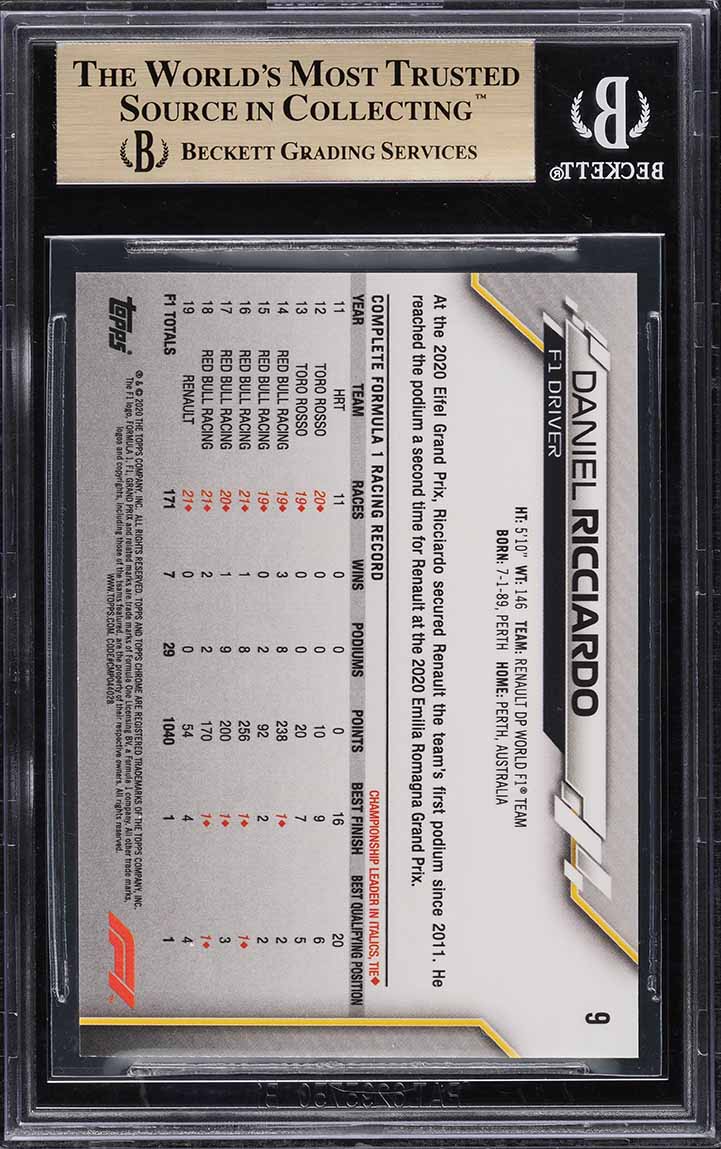 2020 Topps Chrome Formula 1 F1 Daniel Ricciardo #9 BGS 9.5 GEM MINT